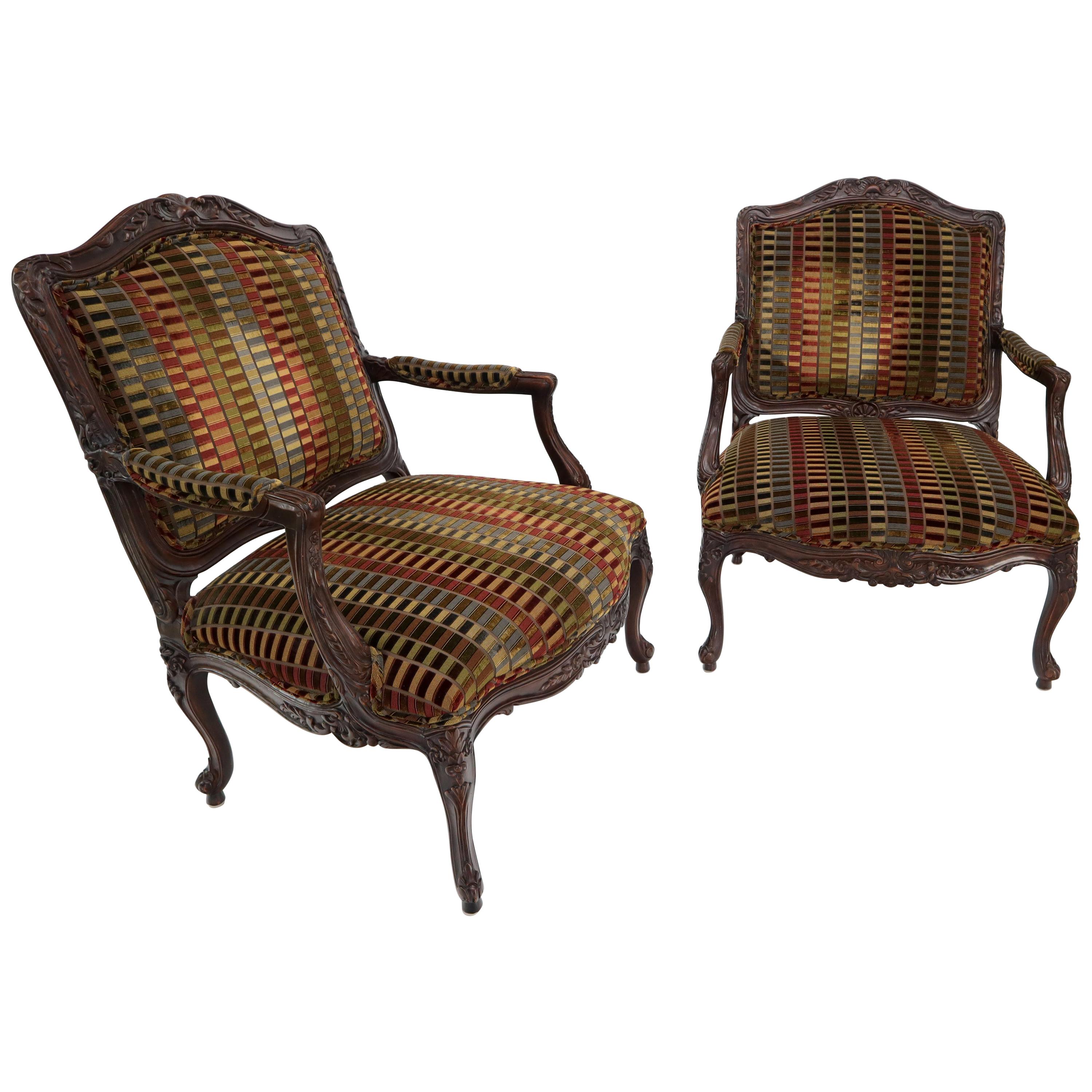 Pair of Wide Carved French Provincial Style Lounge Living Room Fireside Chairs For Sale