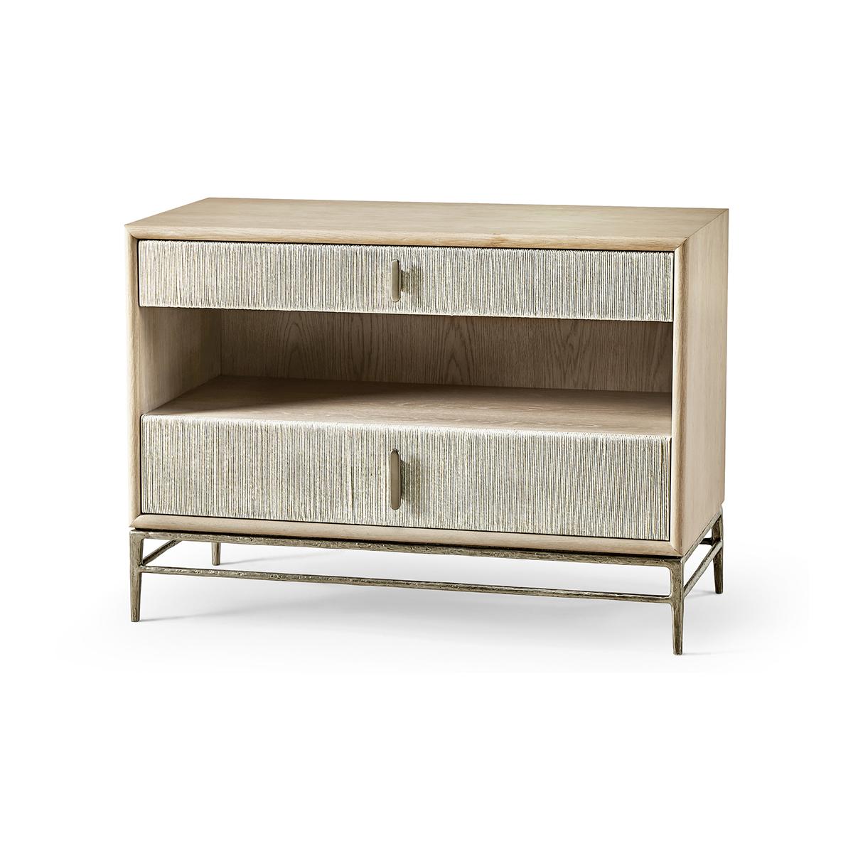 replete with two Danish cord-wrapped drawer fronts adding style to the classic tone and feel of contemporary vision without shortcuts. A cast stainless steel base and hand-cast vertical hardware are finished in elegant satin white brass for a
