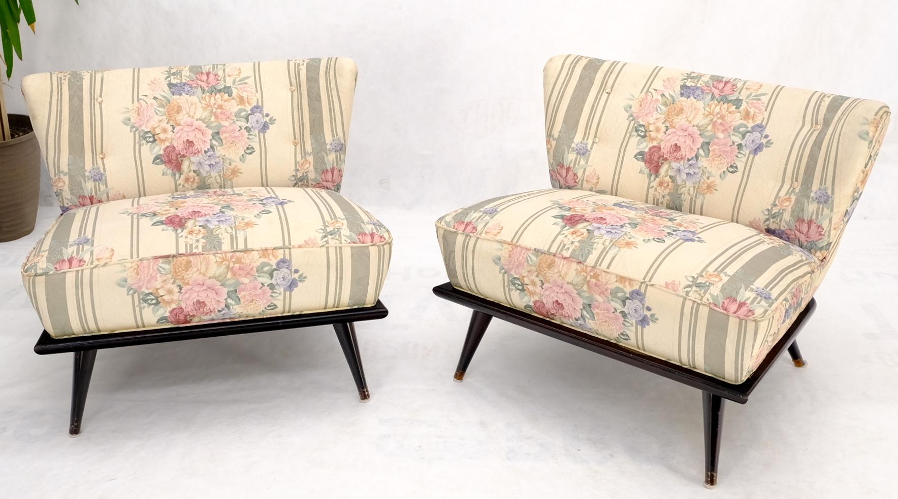 Pair of Mid-Century Modern to Art Deco fan back wide spring seat lounge chairs.