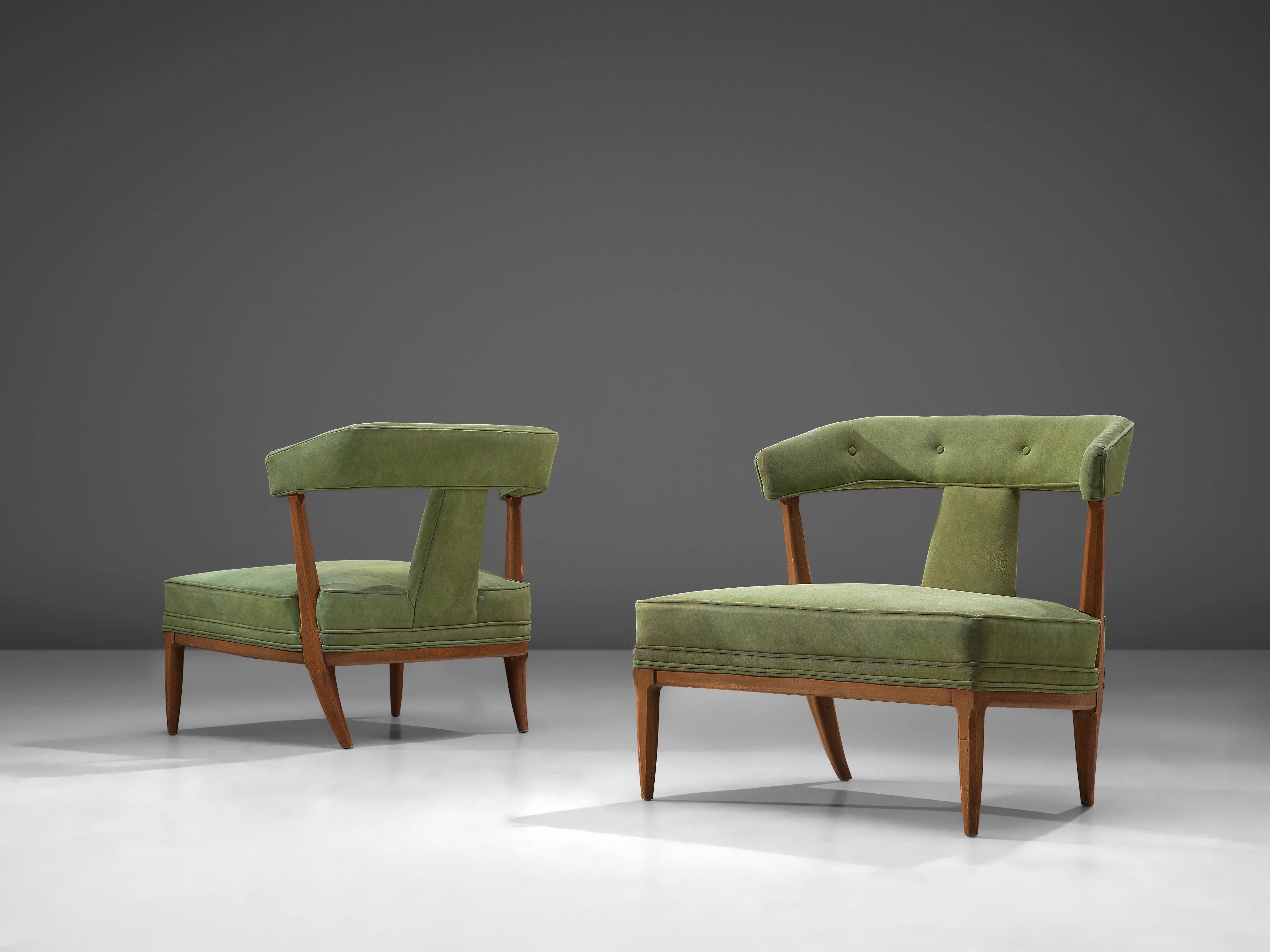 Pair of easy chairs, fabric, beech, American, 1950s from Tomlinson's 'Sophisticate' Collection by John Lubberts and Lambert Mulder.

This pair of American easy chairs are executed in darkened beech and green upholstery. The seat is thick and wide.