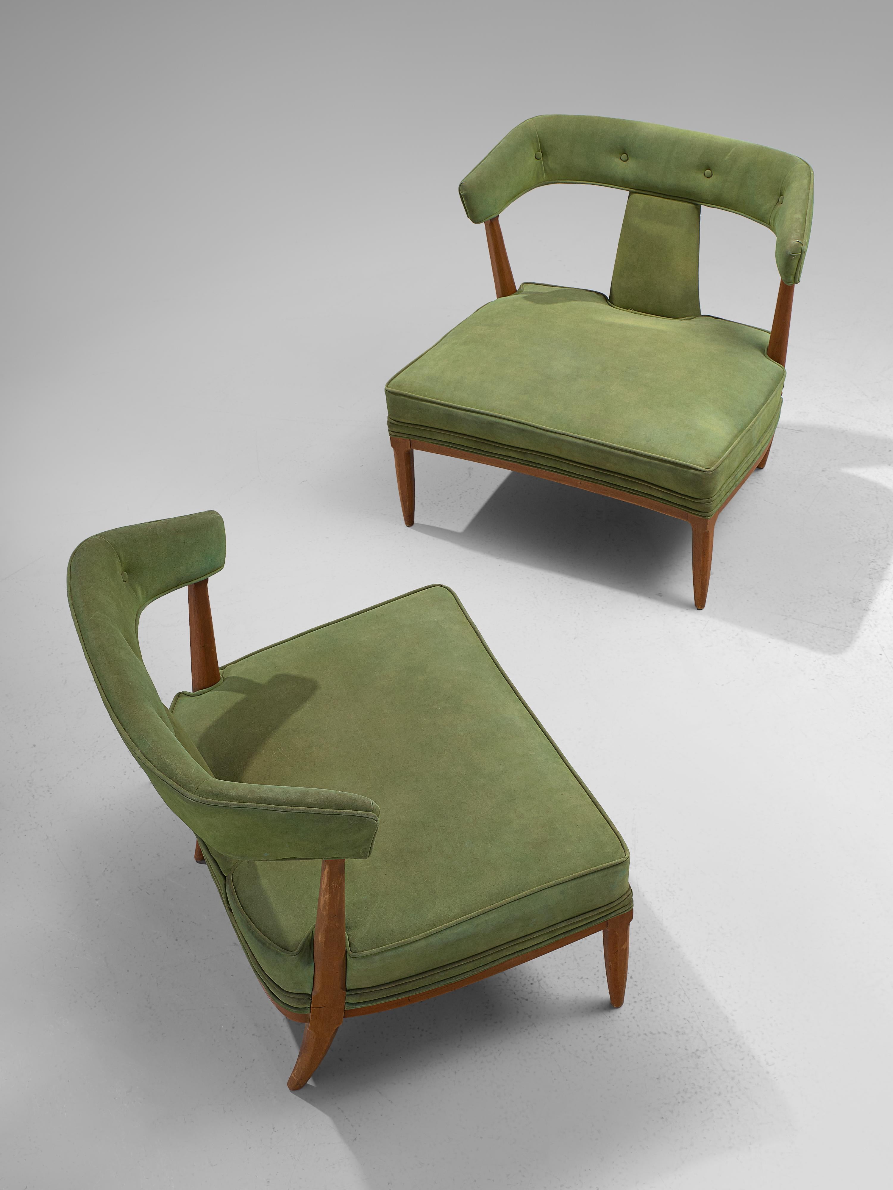 Italian Pair of Wide American Lounge Chairs in Beech and Green Upholstery