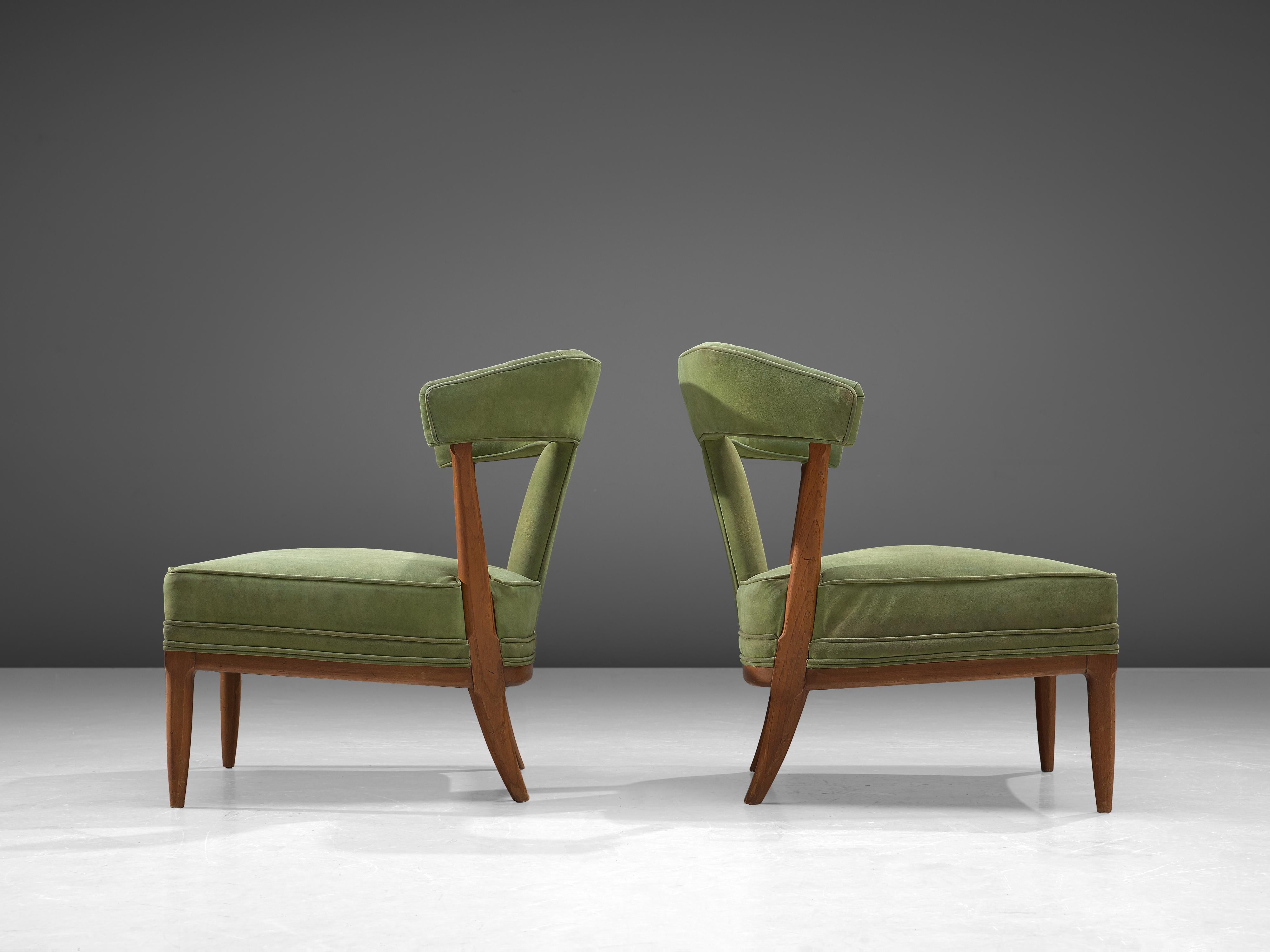 Fabric Pair of Wide American Lounge Chairs in Beech and Green Upholstery