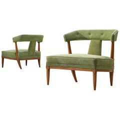 Pair of Wide American Lounge Chairs in Beech and Green Upholstery