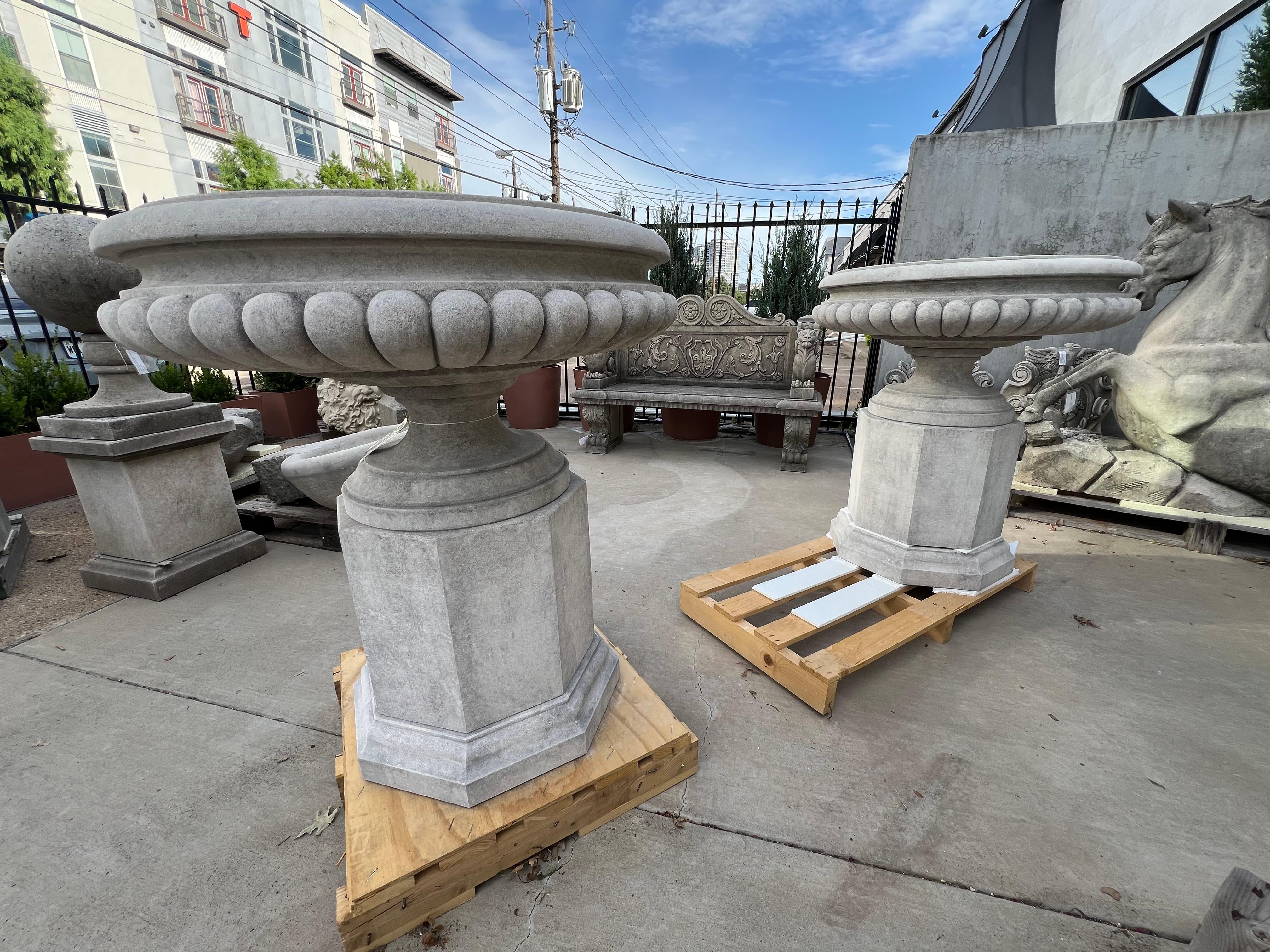 More information coming soon…

Hand-carved in Italy, this pair of wide limestone vases on pedestals are tazza-form.  A tazza is a wide, yet shallow saucer, elevated on a stem, typically used as a decorative item on a table, as they are typically the