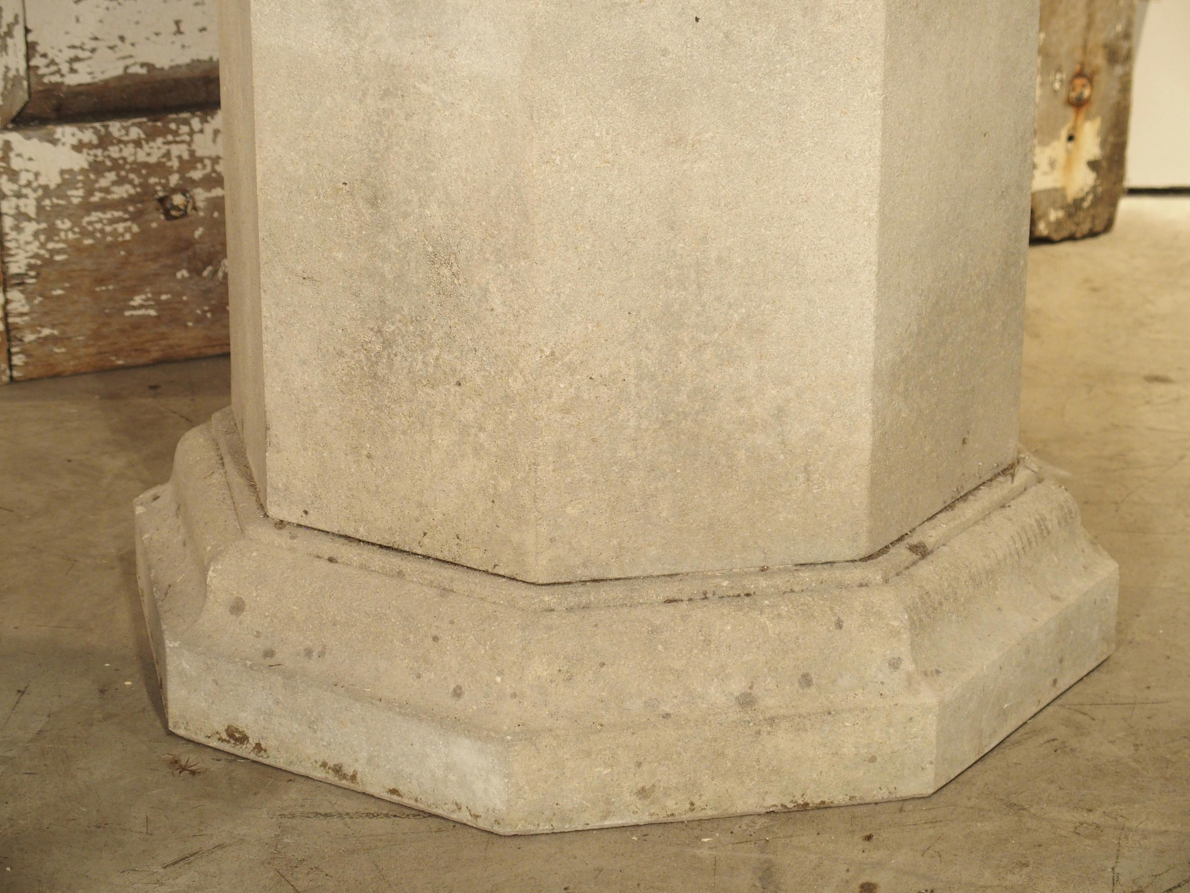 Contemporary Pair of Wide Lobed Stone Urns on Octagonal Plinths