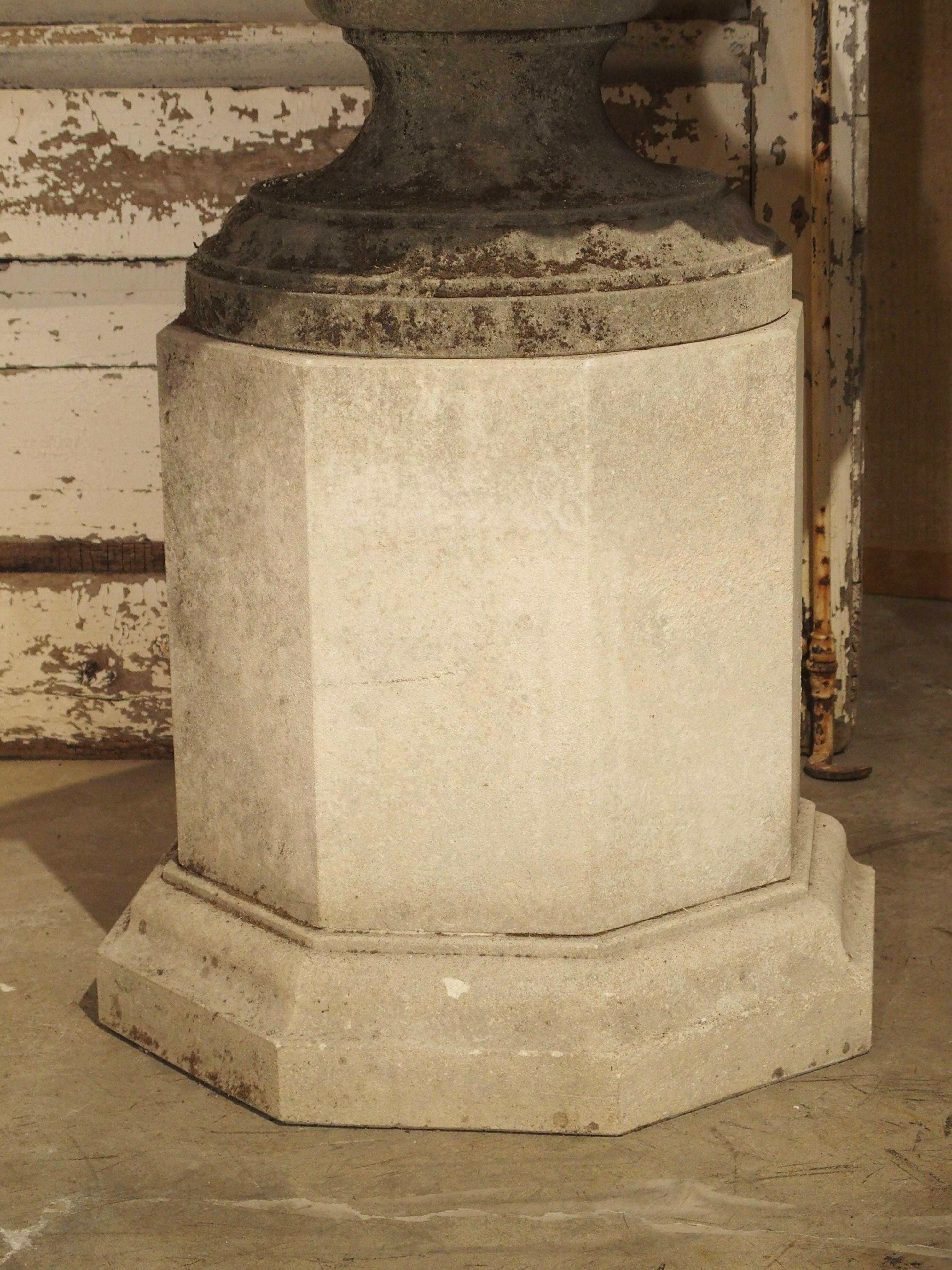 Pair of Wide Lobed Stone Urns on Octagonal Plinths 1