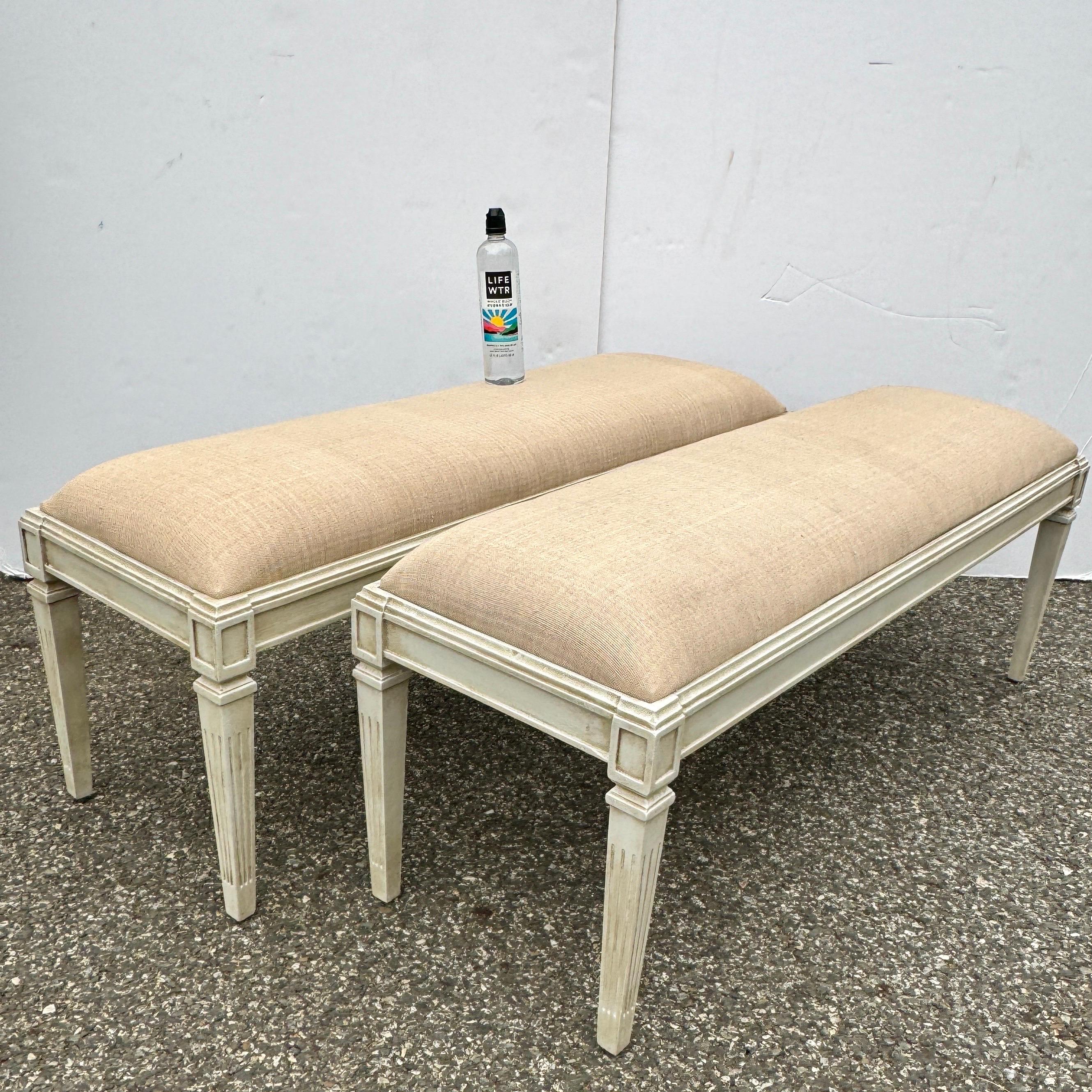 Pair Of Wide Painted Upholstered Benches in Swedish Gustavian Style For Sale 4