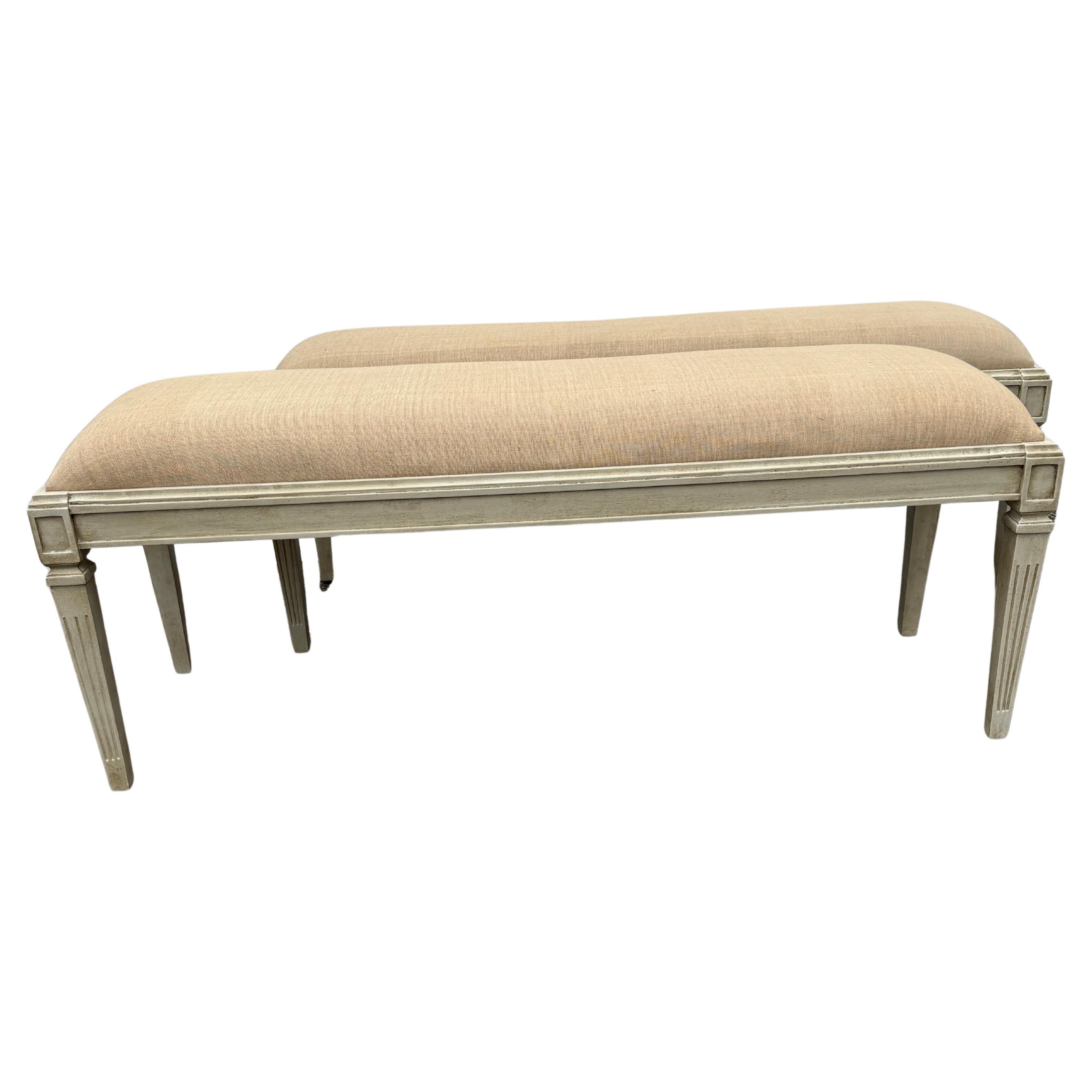 Hand-Crafted Pair Of Wide Painted Upholstered Benches in Swedish Gustavian Style For Sale
