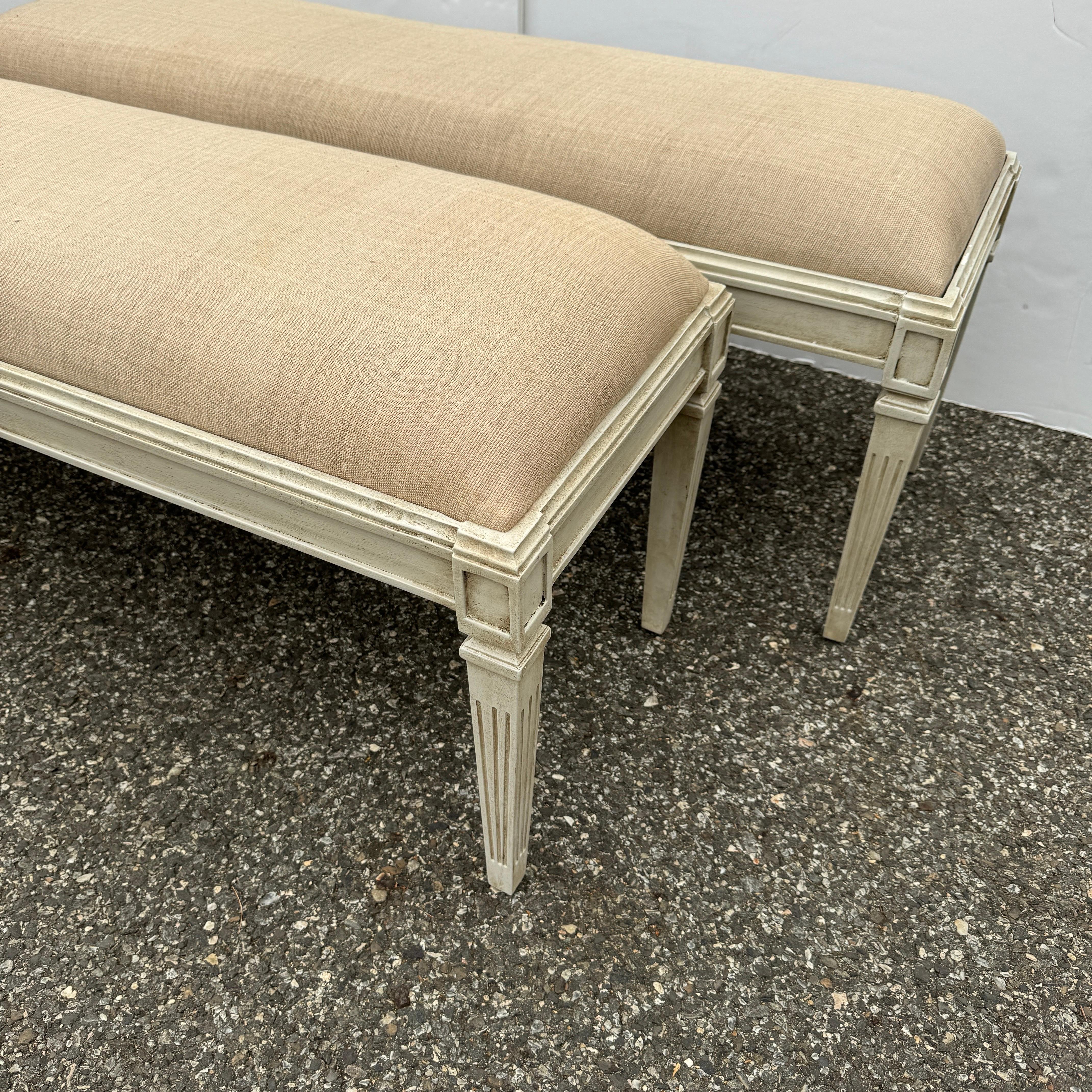 Pair Of Wide Painted Upholstered Benches in Swedish Gustavian Style In Good Condition For Sale In Haddonfield, NJ