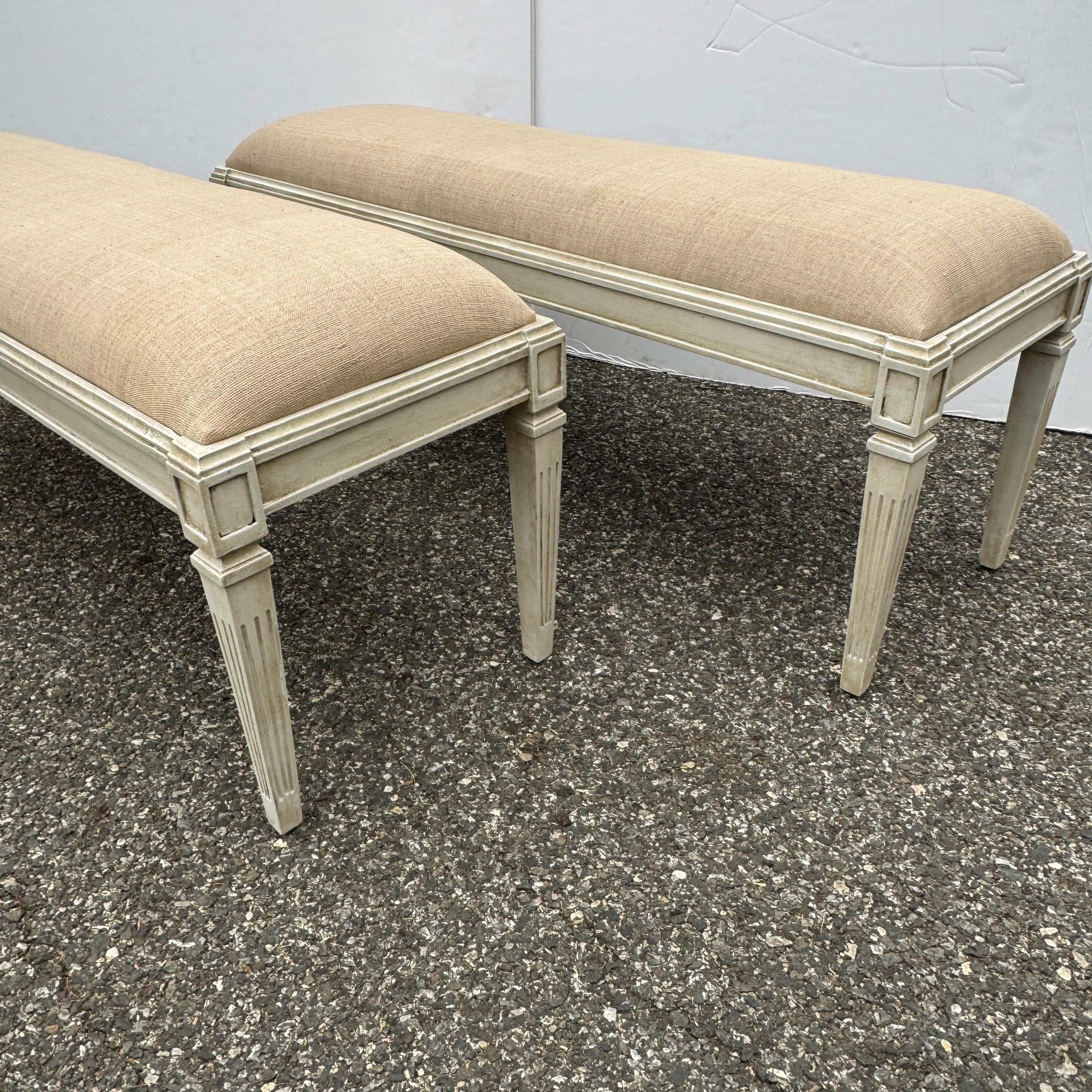 Contemporary Pair Of Wide Painted Upholstered Benches in Swedish Gustavian Style For Sale