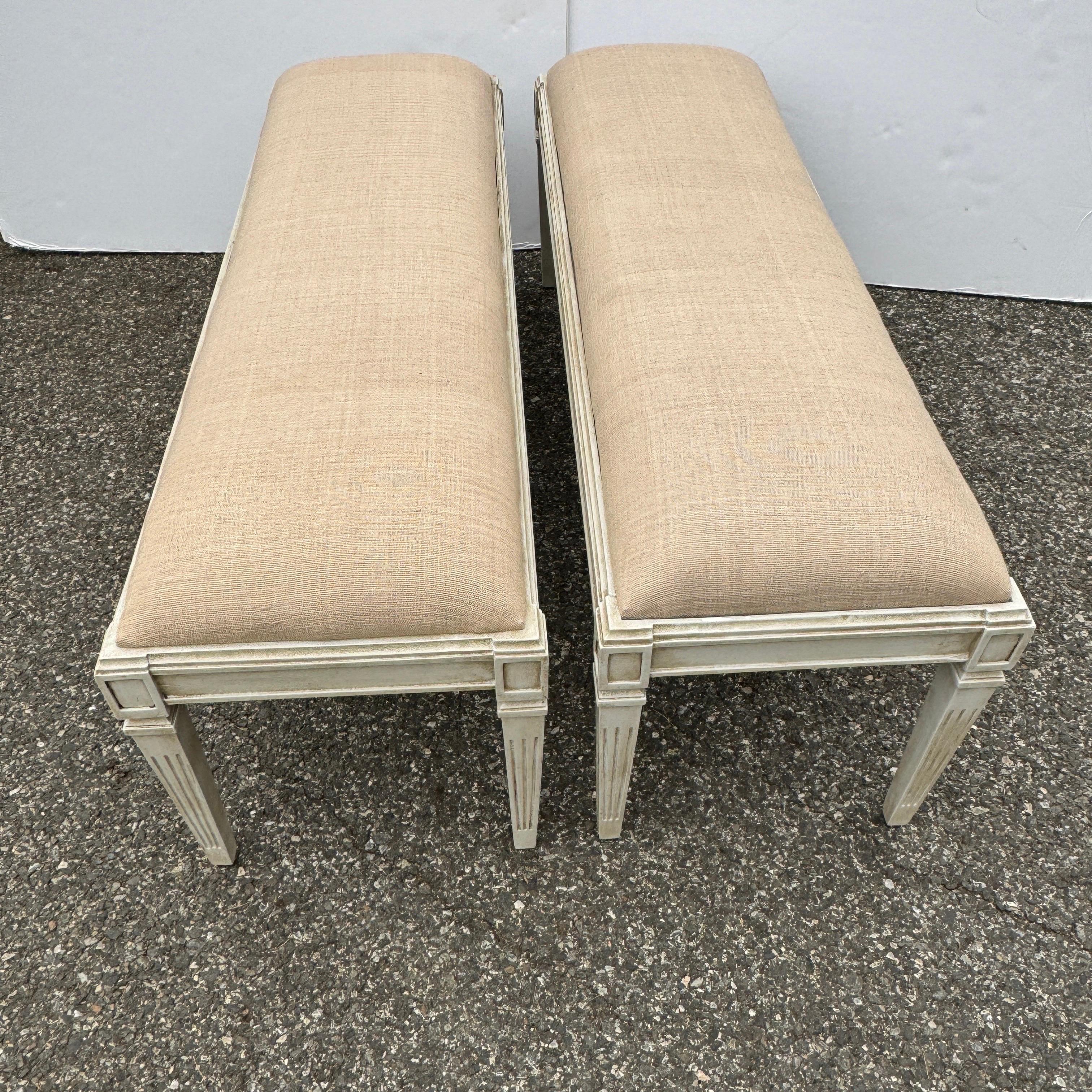 Pair Of Wide Painted Upholstered Benches in Swedish Gustavian Style For Sale 1