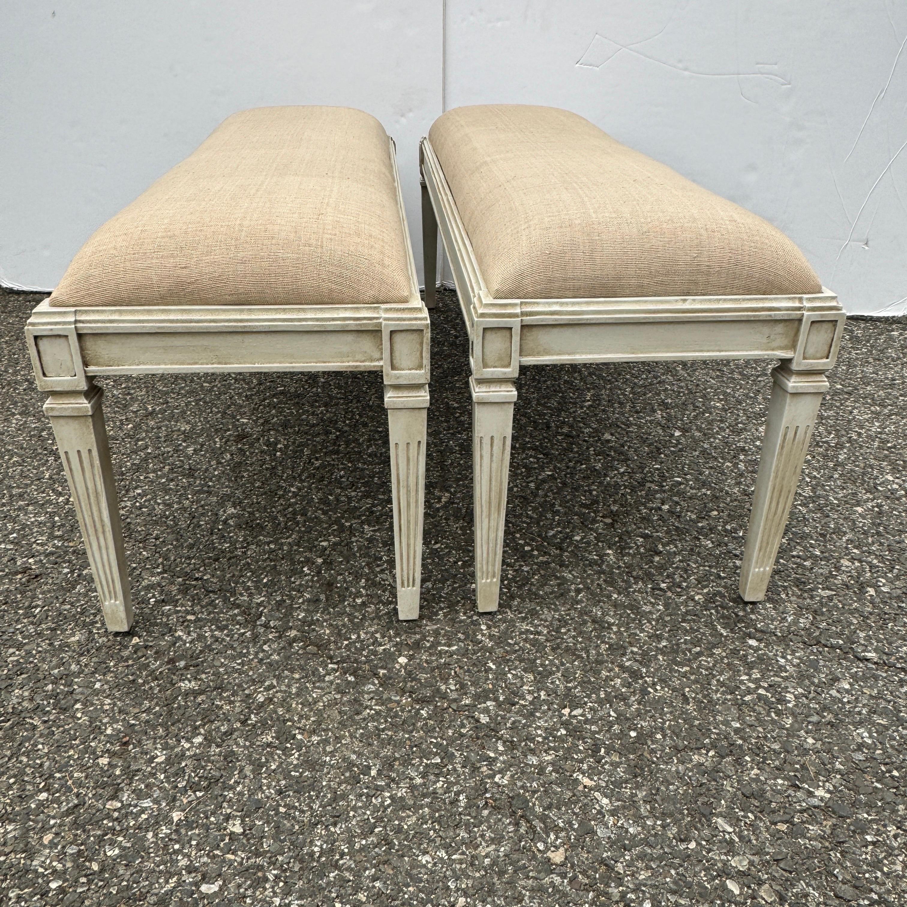 Pair Of Wide Painted Upholstered Benches in Swedish Gustavian Style For Sale 2