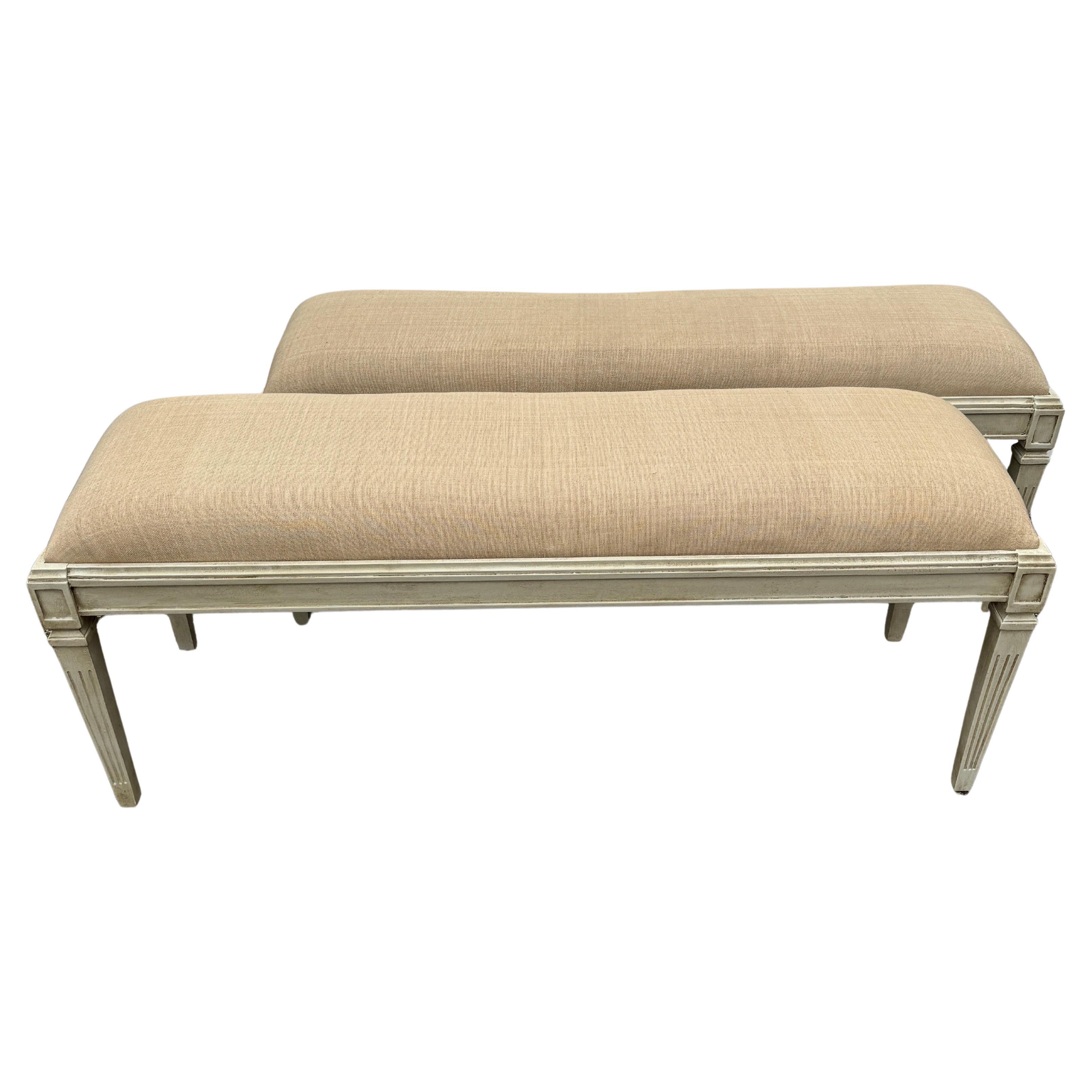 Pair Of Wide Painted Upholstered Benches in Swedish Gustavian Style For Sale