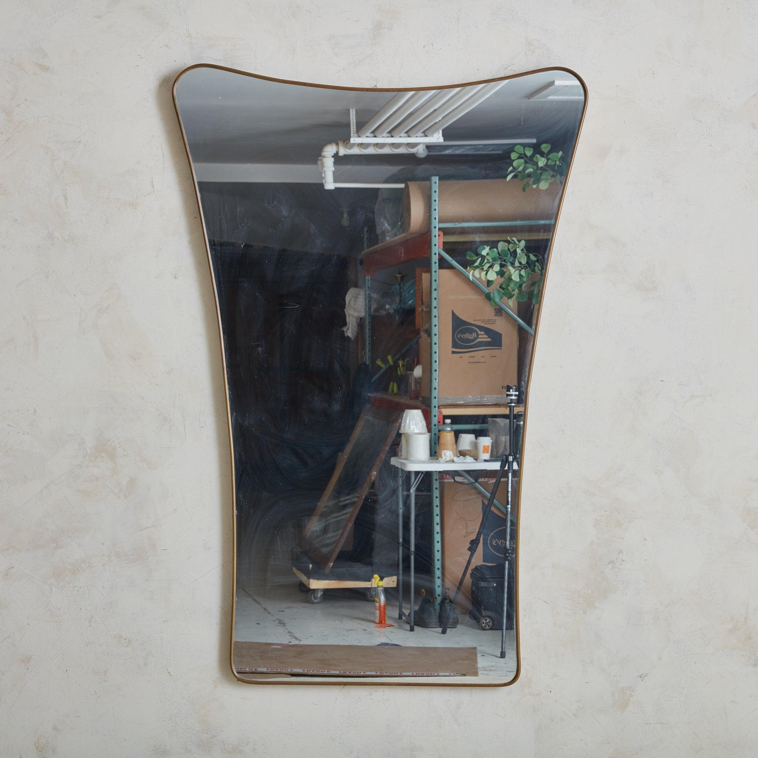 Mid-Century Modern Pair of Wide Scoop Top Patinated Brass Mirrors, 20th Century For Sale