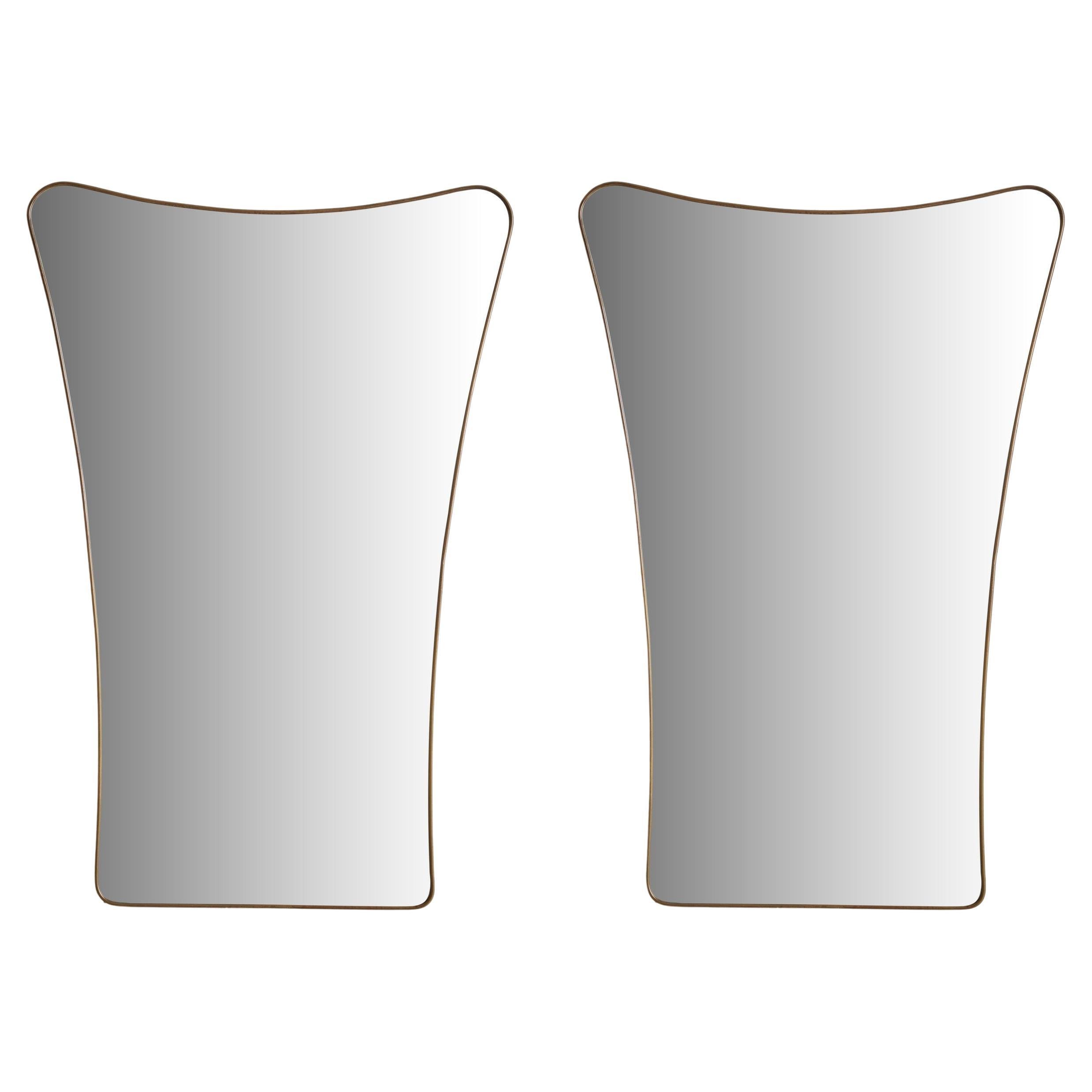 Pair of Wide Scoop Top Patinated Brass Mirrors, 20th Century For Sale