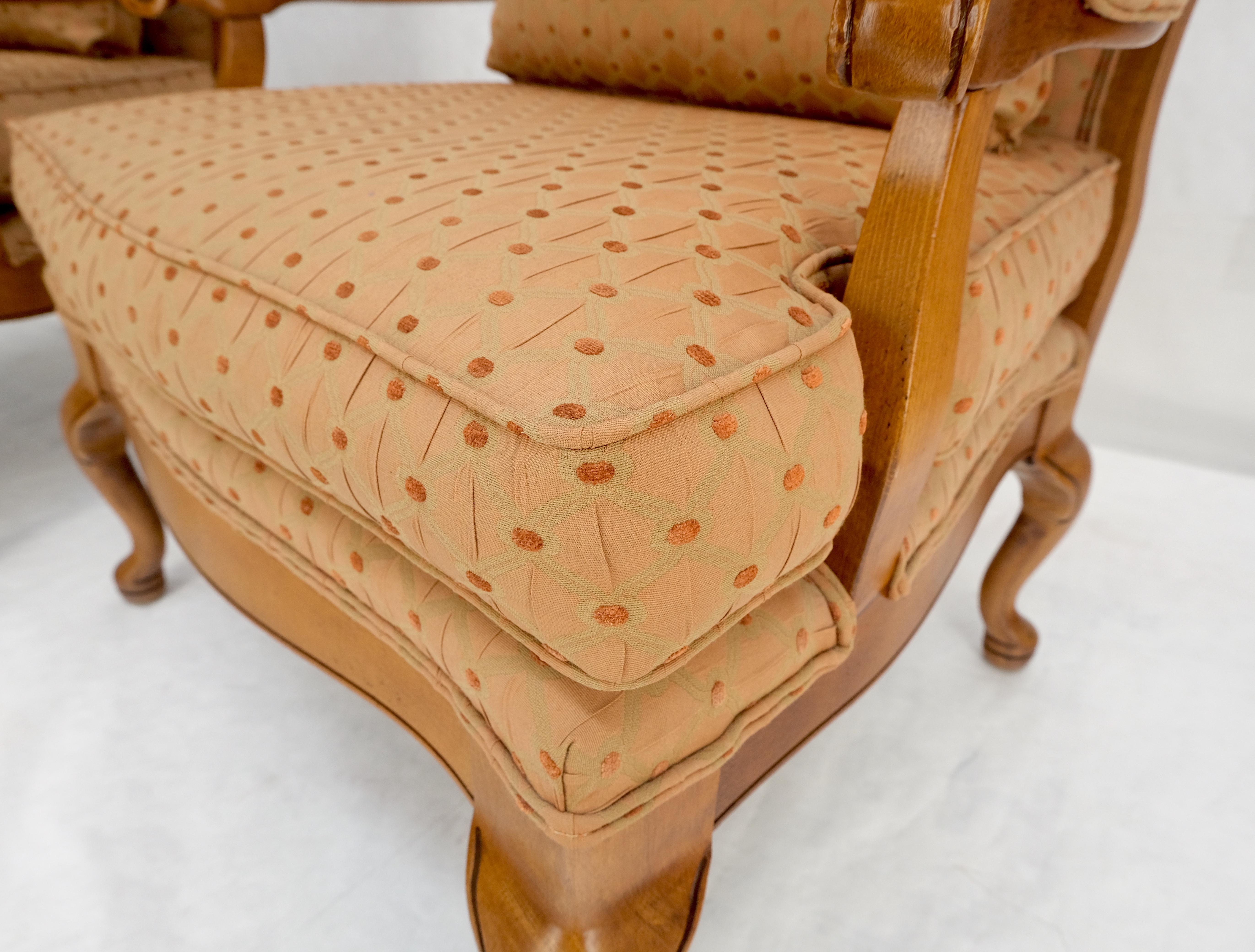 Pair of Wide Seat Carved Lattice Woodwork Back Queen Ann Lounge Chairs MINT! For Sale 4
