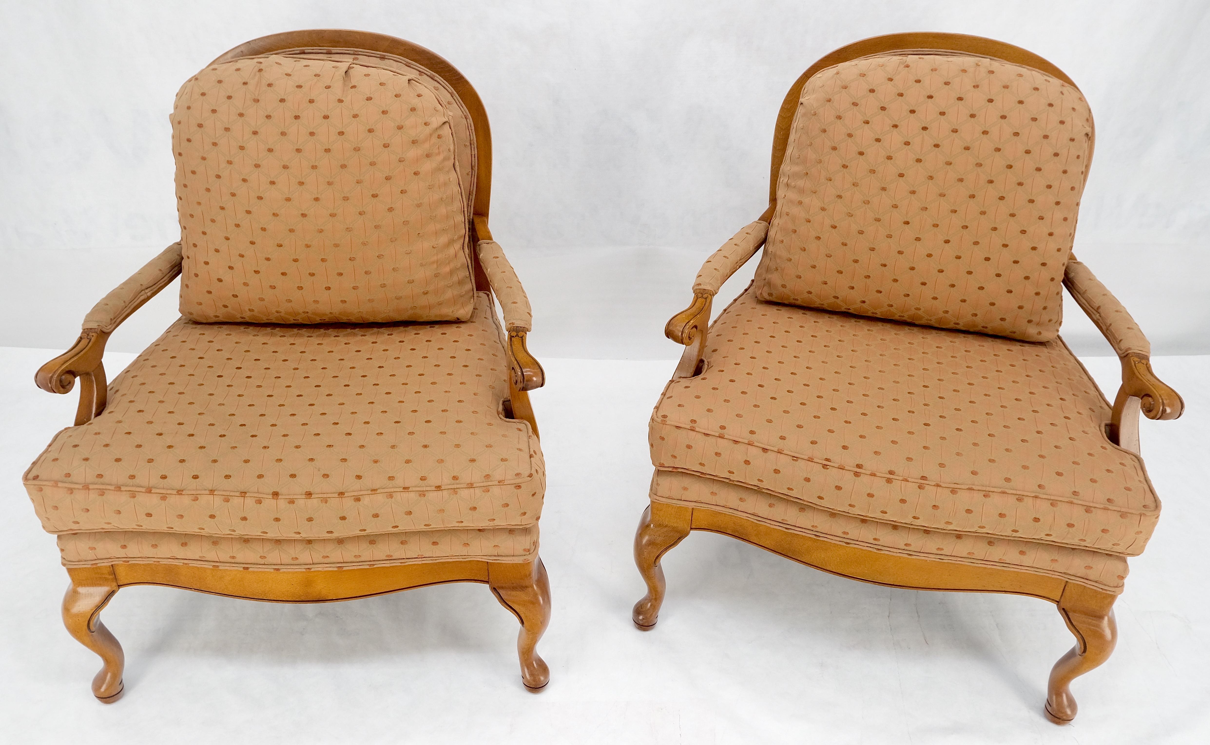 Lacquered Pair of Wide Seat Carved Lattice Woodwork Back Queen Ann Lounge Chairs MINT! For Sale