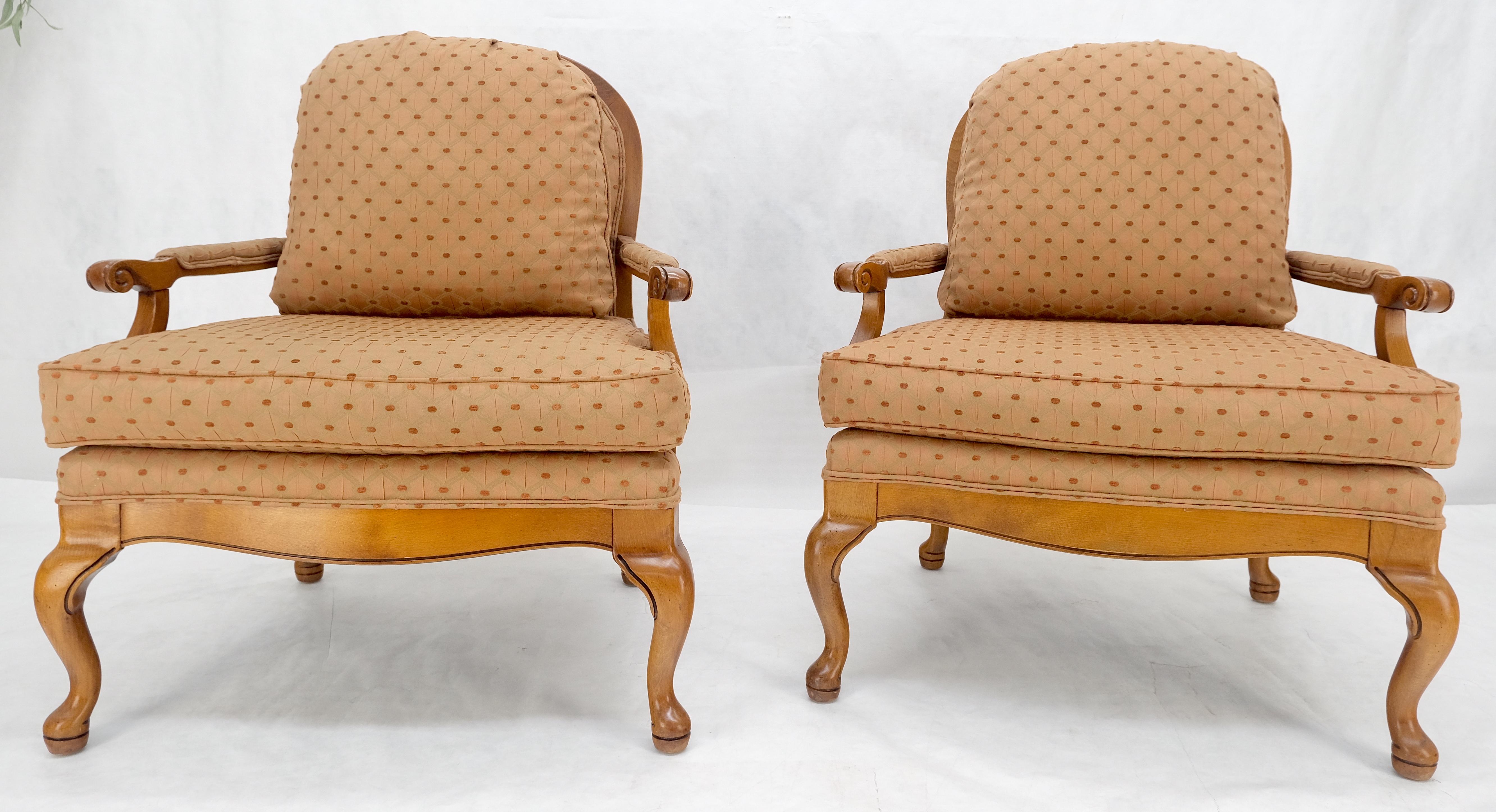 Pair of Wide Seat Carved Lattice Woodwork Back Queen Ann Lounge Chairs MINT! In Good Condition For Sale In Rockaway, NJ