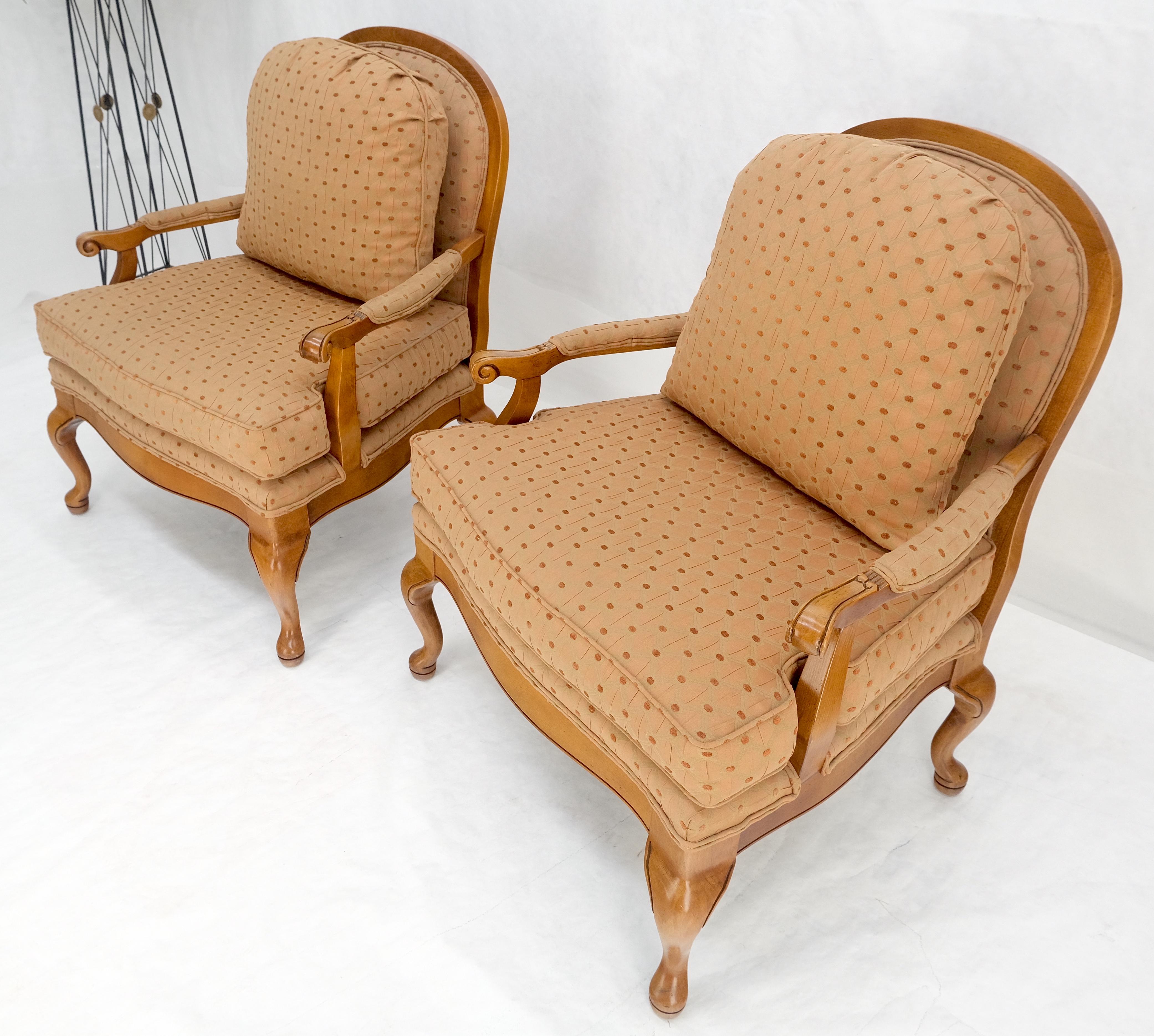 Hardwood Pair of Wide Seat Carved Lattice Woodwork Back Queen Ann Lounge Chairs MINT! For Sale