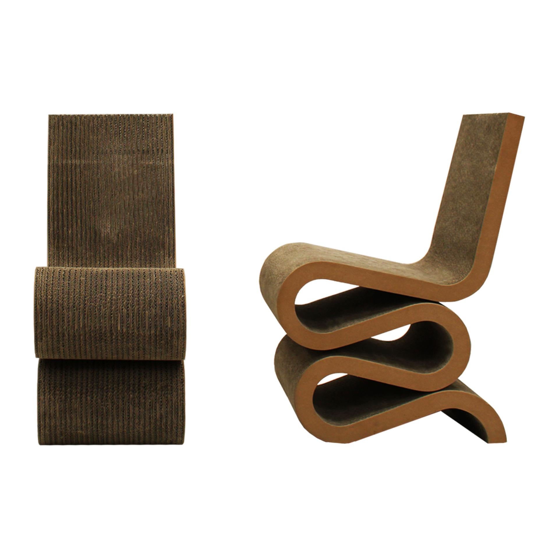 Pair of Wiggle side chairs designed by Frank Gehry 1972 for Jack Brogan, USA 1972-1973. Its design is characterised by curved shapes made of corrugated cardboard.