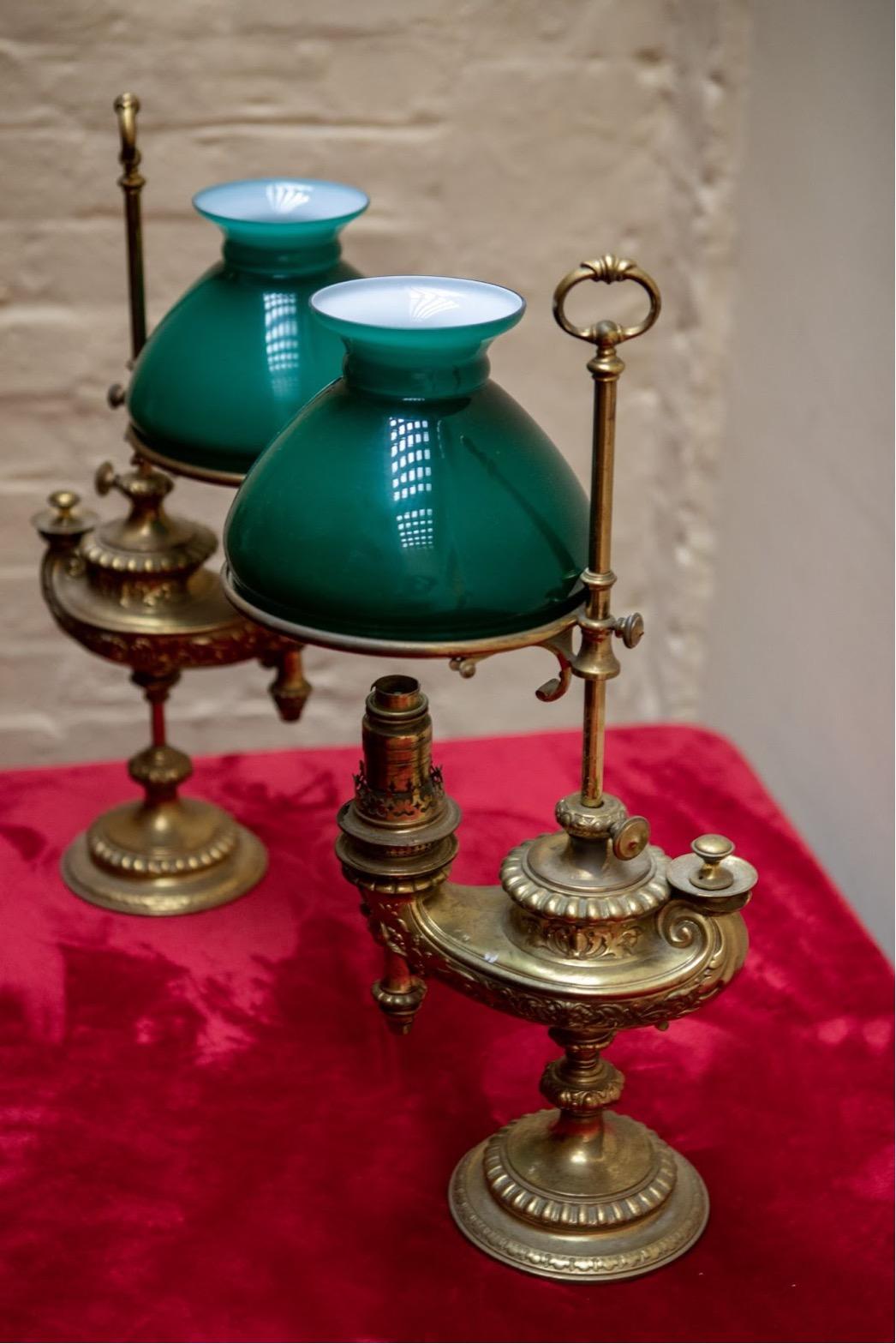 Pair of Wild & Wessel student lamps, sometimes known as Aladdin lamps or Harvard lamps. Made in Berlin, Germany, circa 1870. The lamps will be re-wired and PAT tested as part of the price once destination country is known. 