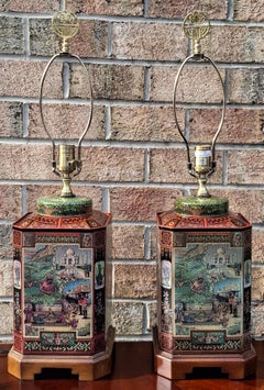 Pair of Wildwood Lamp Japanned Tea Caddy Tin and Wooden Base Table Lamps