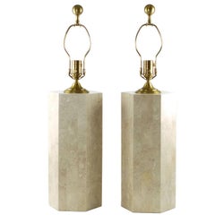 Used Pair of Wildwood Tessellated Stone Table Lamps with Brass Trim