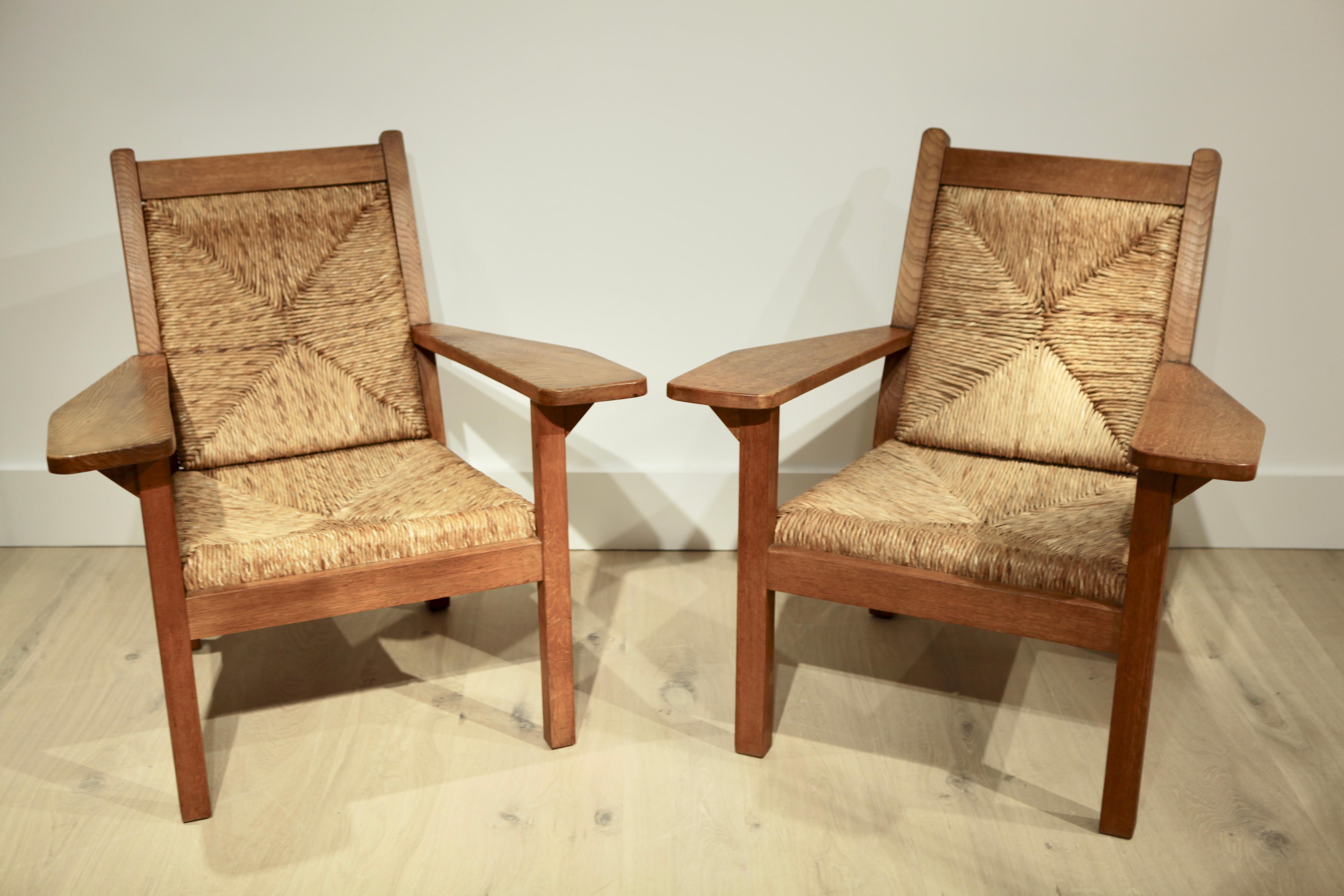 Arts and Crafts Paire de chaises Willi Ohler en chêne et jonc:: Arts & Crafts:: Allemagne:: années 1920