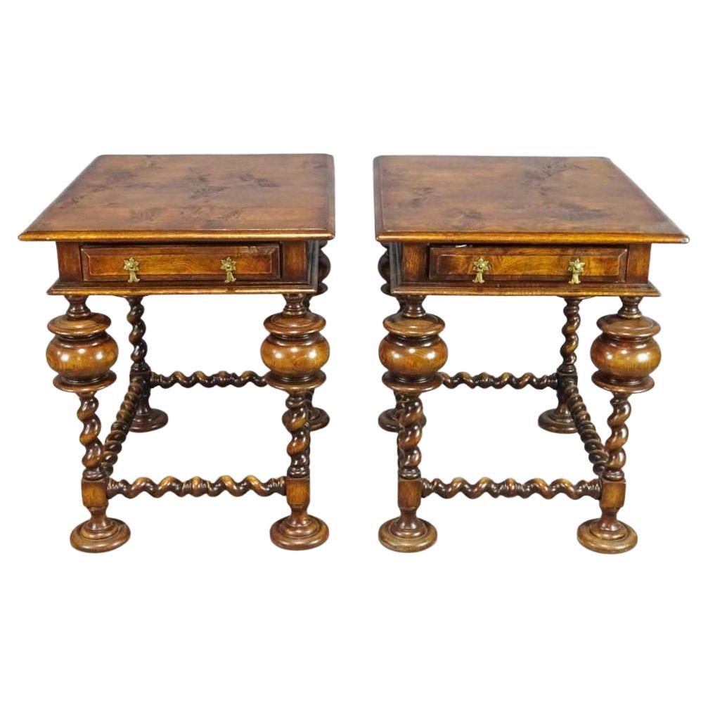 Pair of Custom English Oak Barley Twist End Tables in the Portuguese or William and Mary Style. Wonderful bulbous turned legs invoking an earlier form but adaptive to modern interiors.

Hand made, patinated. Solid construction.