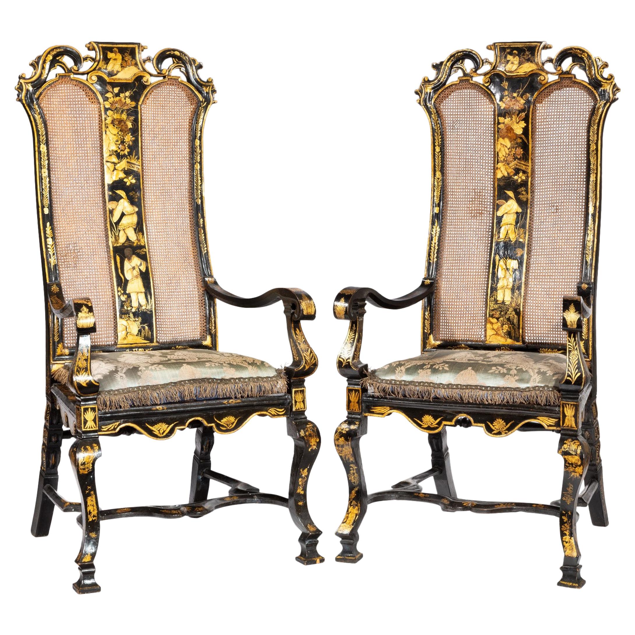 Pair of William and Mary Japanned and Lacquered Armchairs For Sale