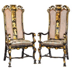 Antique Pair of William and Mary Japanned and Lacquered Armchairs
