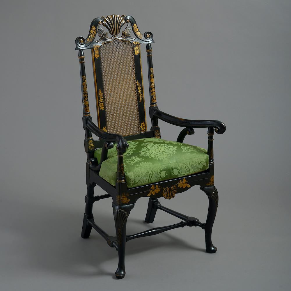 18th Century and Earlier Pair of William-and-Mary Japanned Armchairs