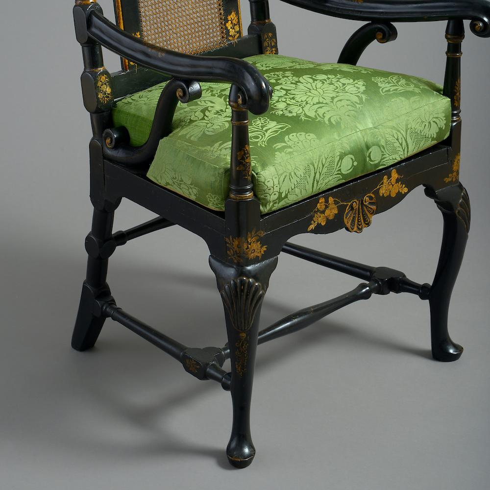 Lacquer Pair of William-and-Mary Japanned Armchairs