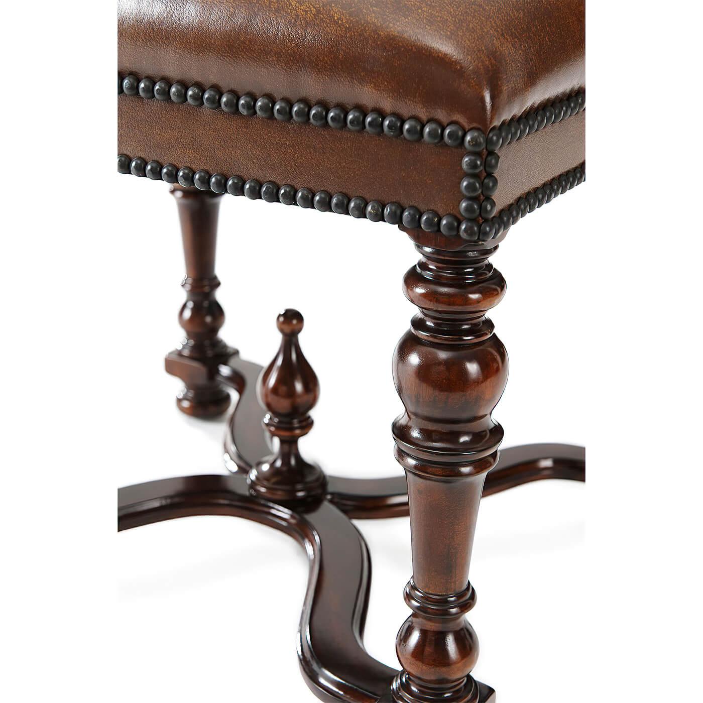 Contemporary Pair of William and Mary Leather Stools For Sale