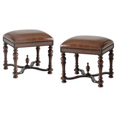Pair of William and Mary Leather Stools