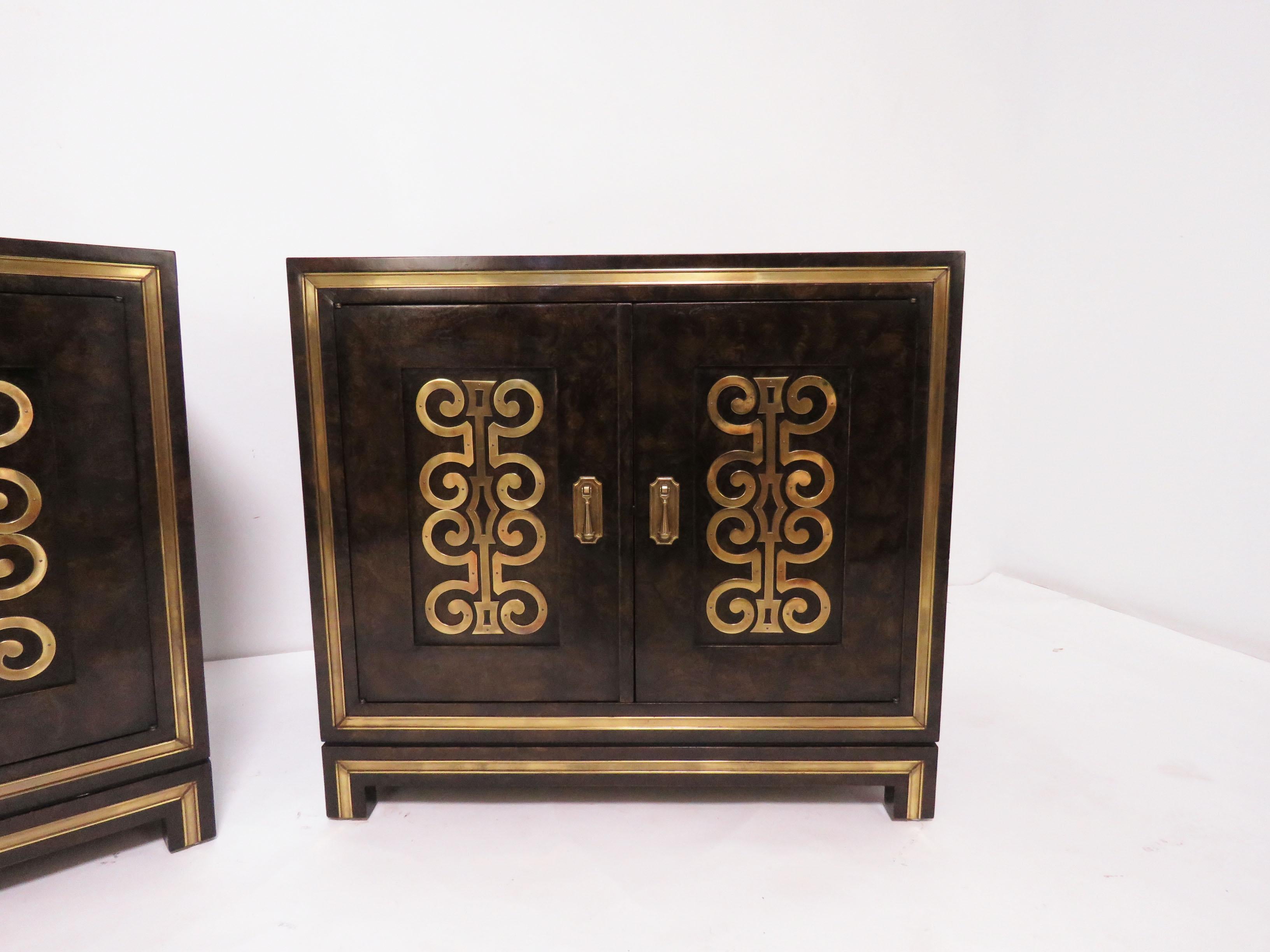 Hollywood Regency Pair of William Doezema for Mastercraft Amboyna Burl and Brass Chests