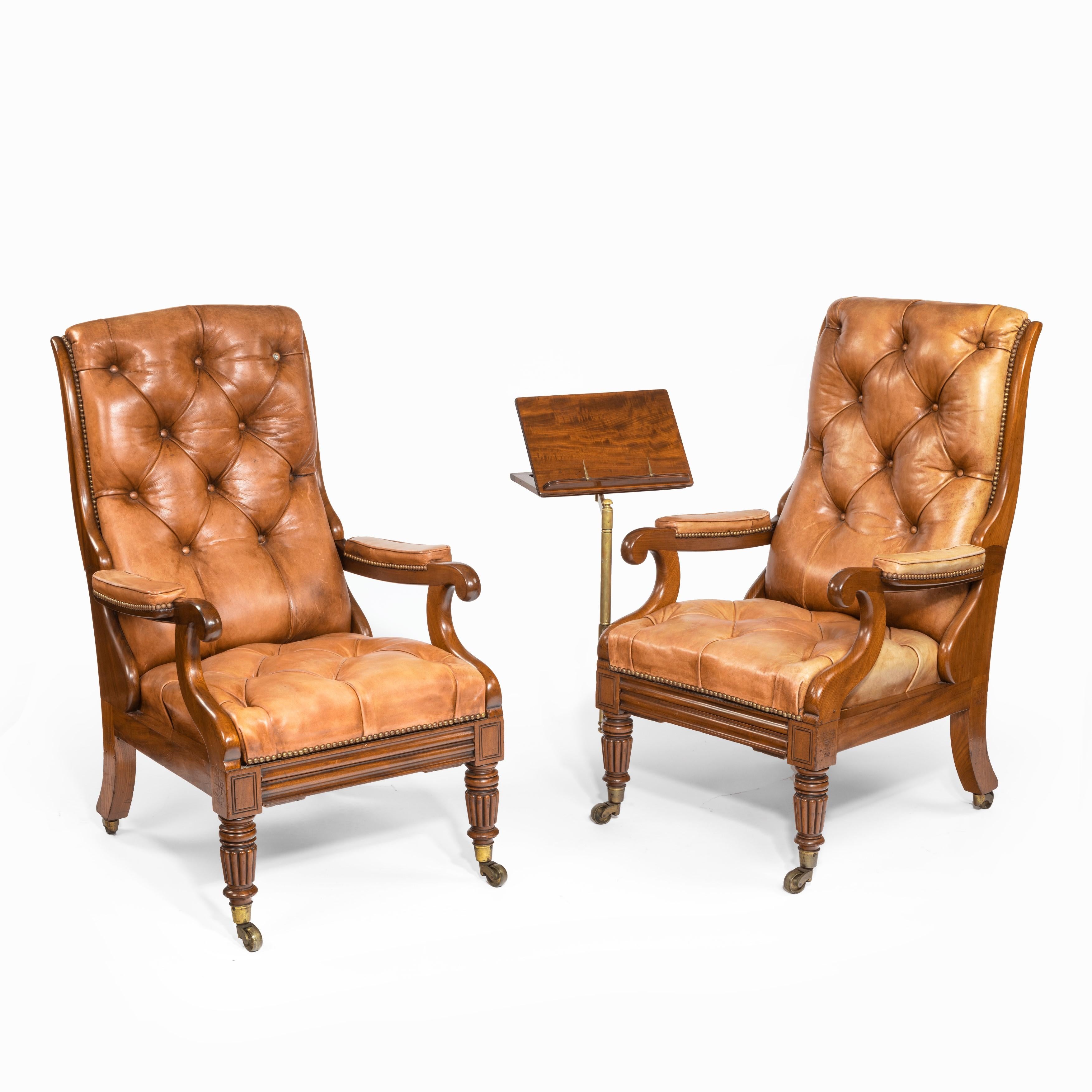 Mid-19th Century Pair of William IV Adjustable Mahogany Library Armchairs, by George Minter For Sale