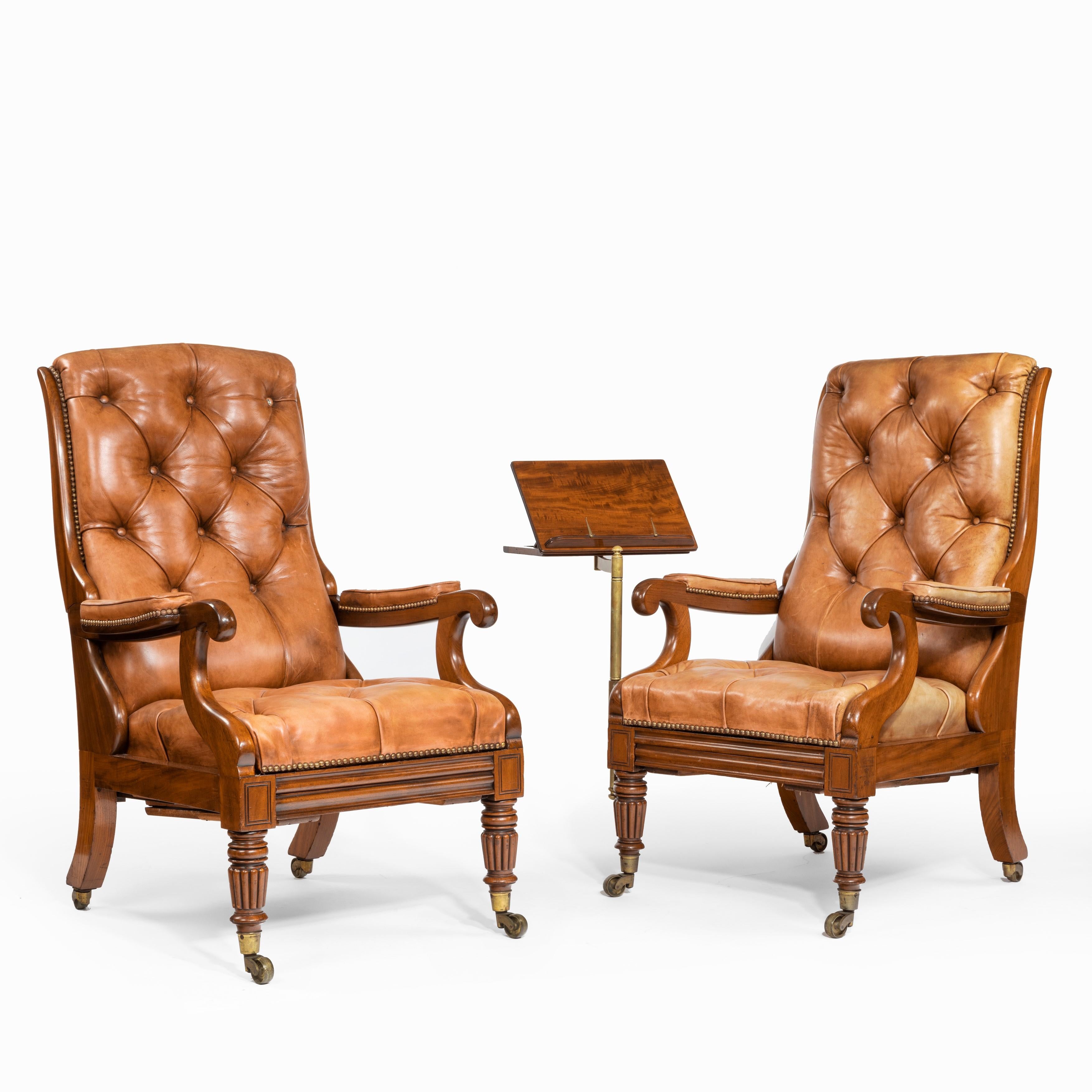Leather Pair of William IV Adjustable Mahogany Library Armchairs, by George Minter For Sale