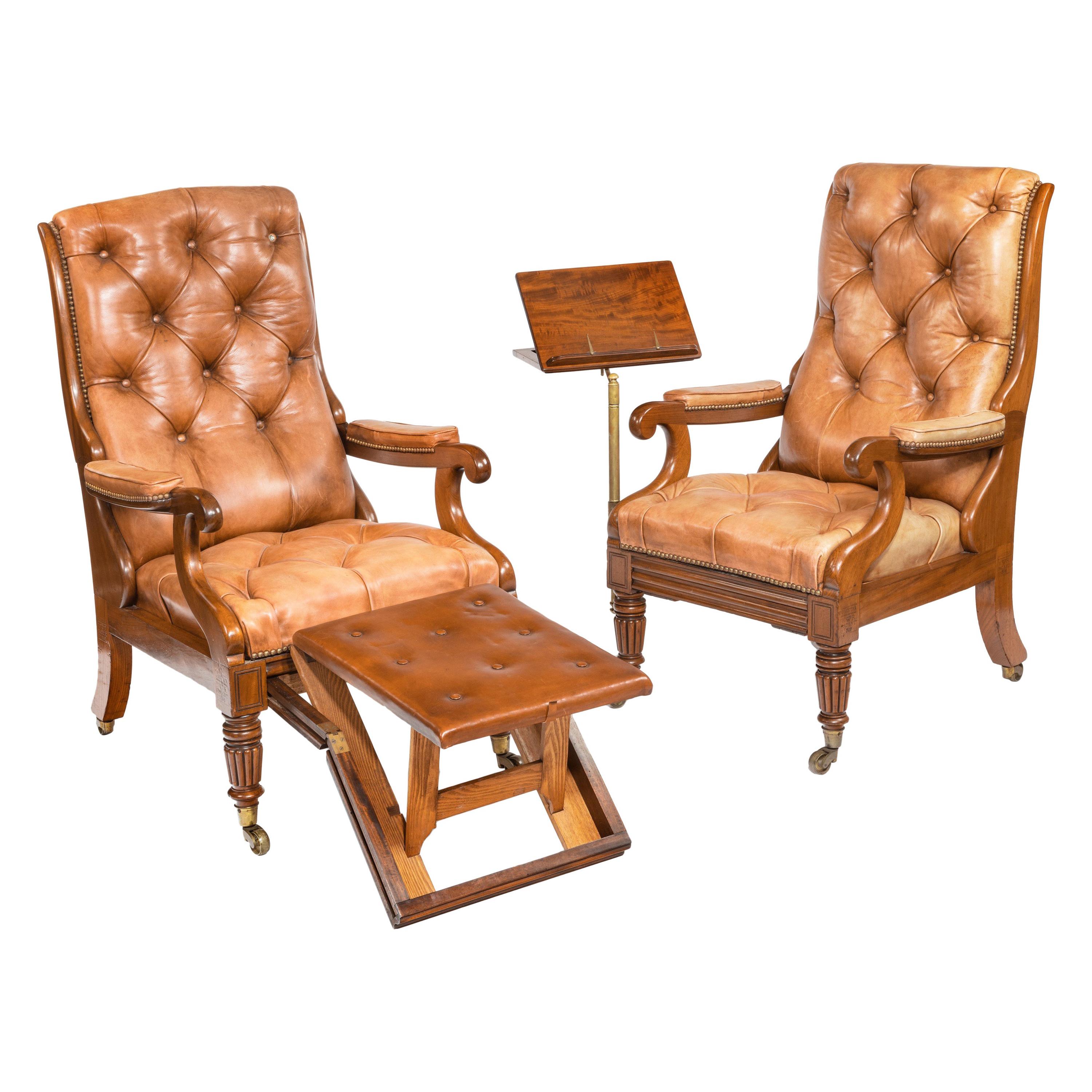 Pair of William IV Adjustable Mahogany Library Armchairs, by George Minter For Sale