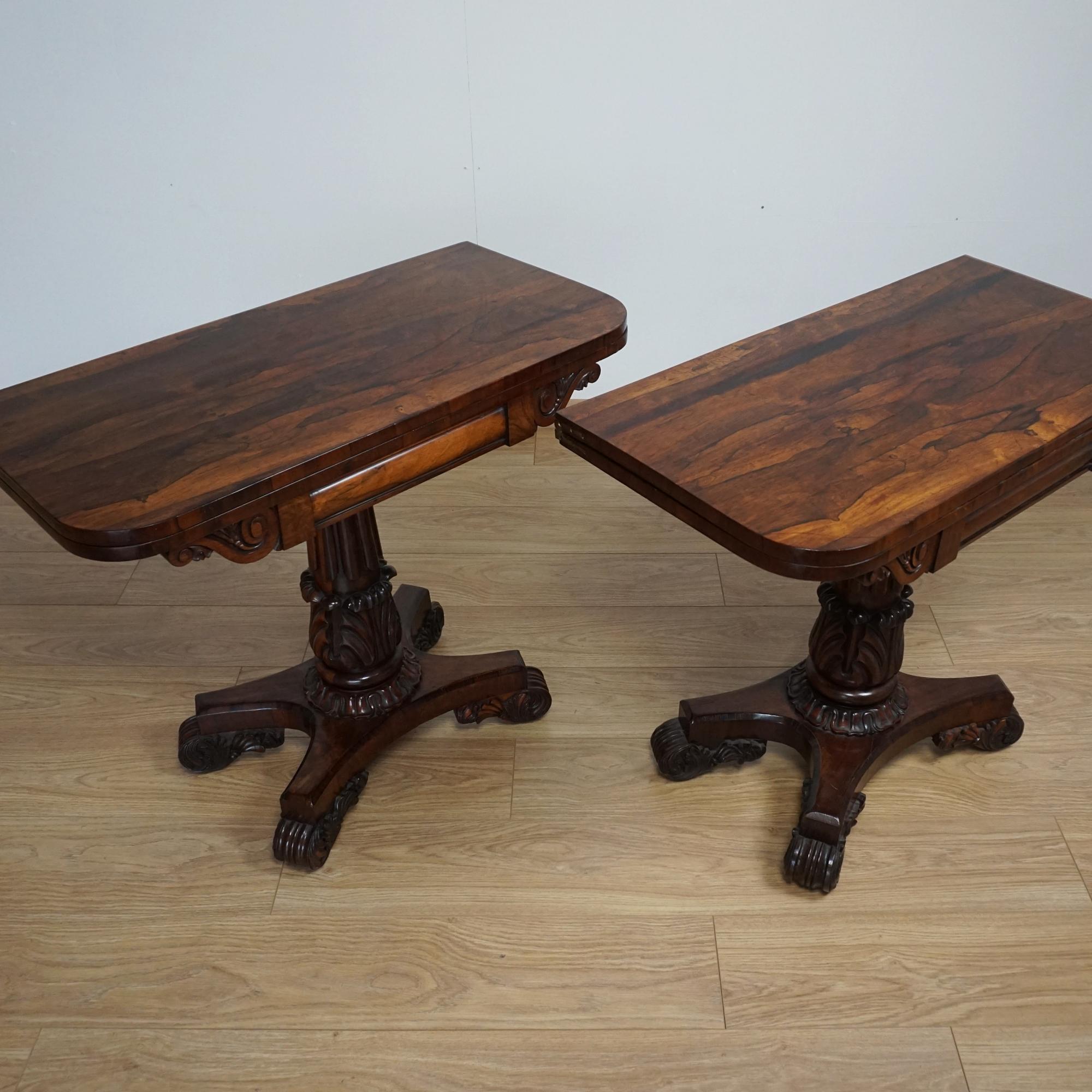 A pair of William IV card tables. Solid and veneered rosewood with classical carved decoration. 

