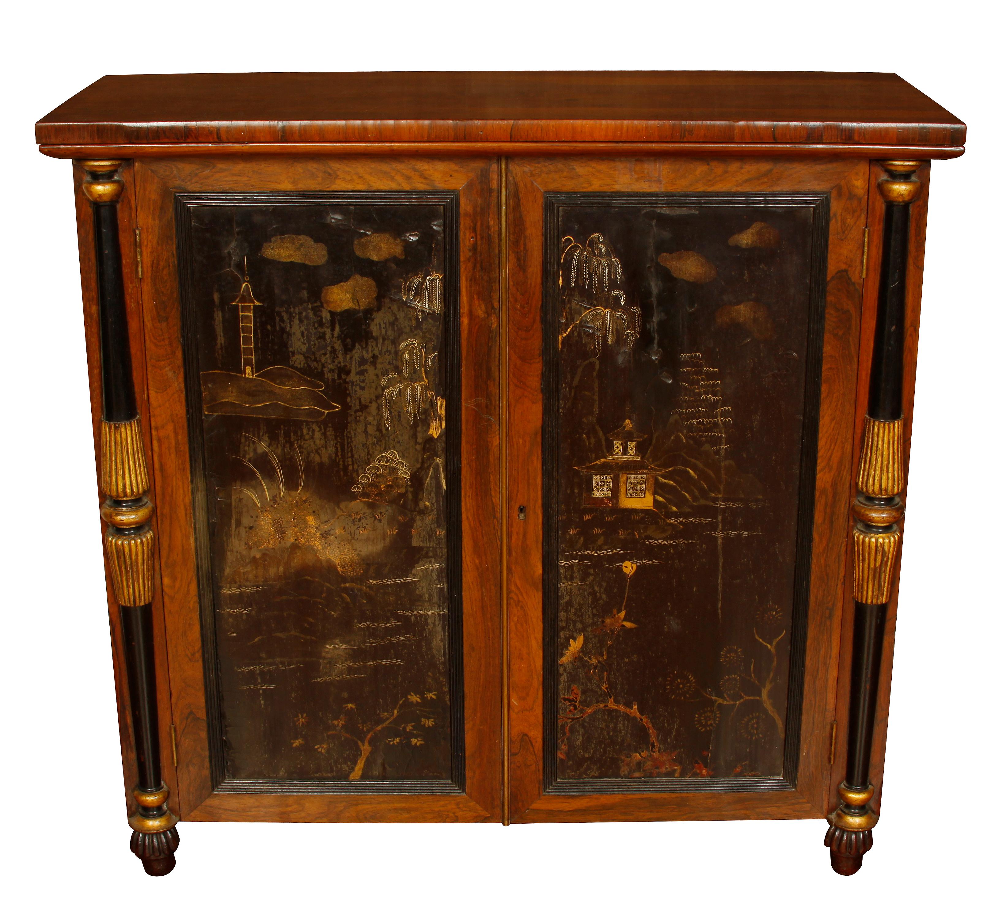 Pair of William IV chinoiserie side cabinets with japanned lacquer panel doors and reeded feet, 19th century.