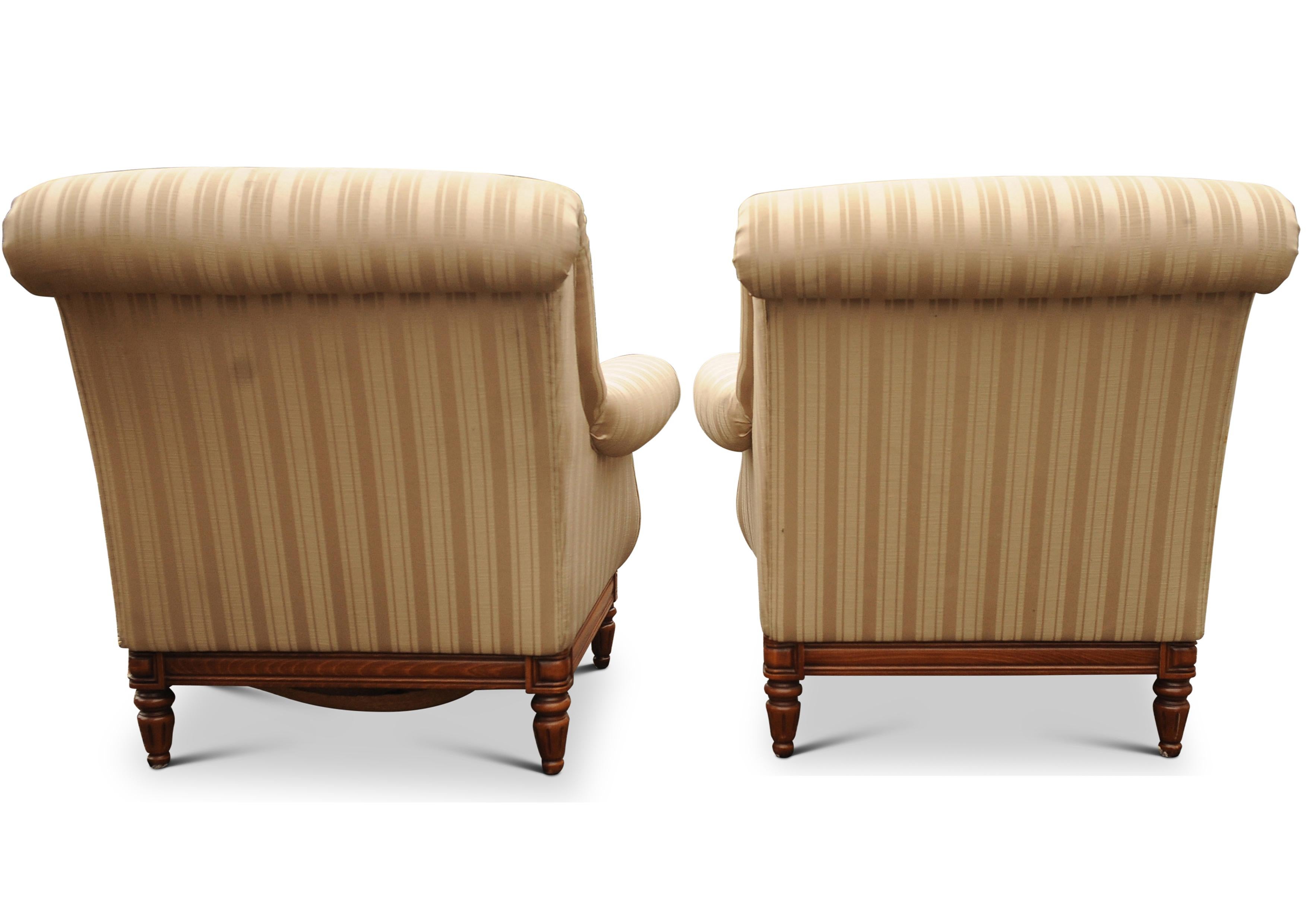 American Pair of William IV Empire Design Library Armchairs Striped Cream Silk Upholstery