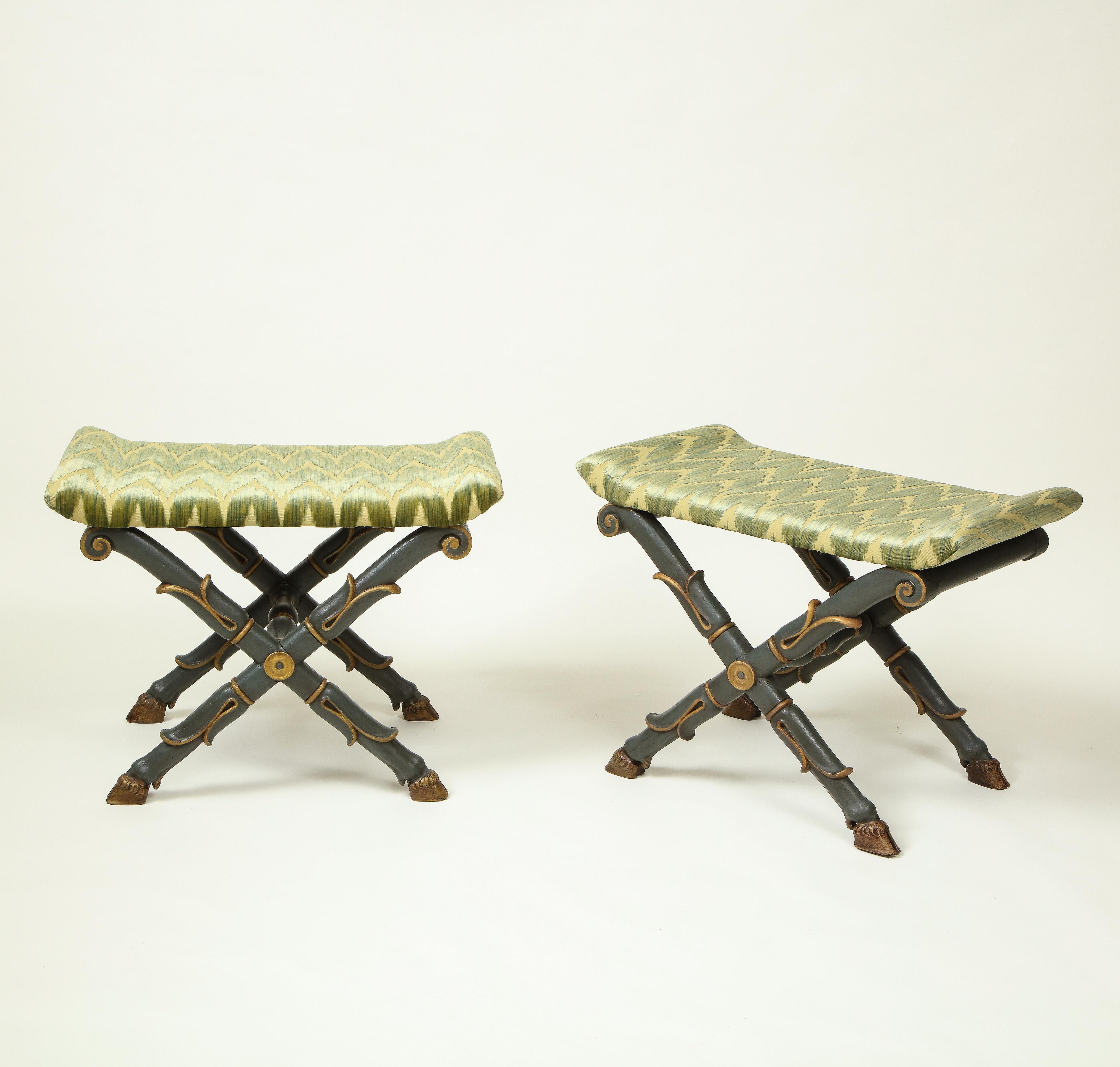 Regency Pair of William IV Green and Gilt X-Form Benches For Sale