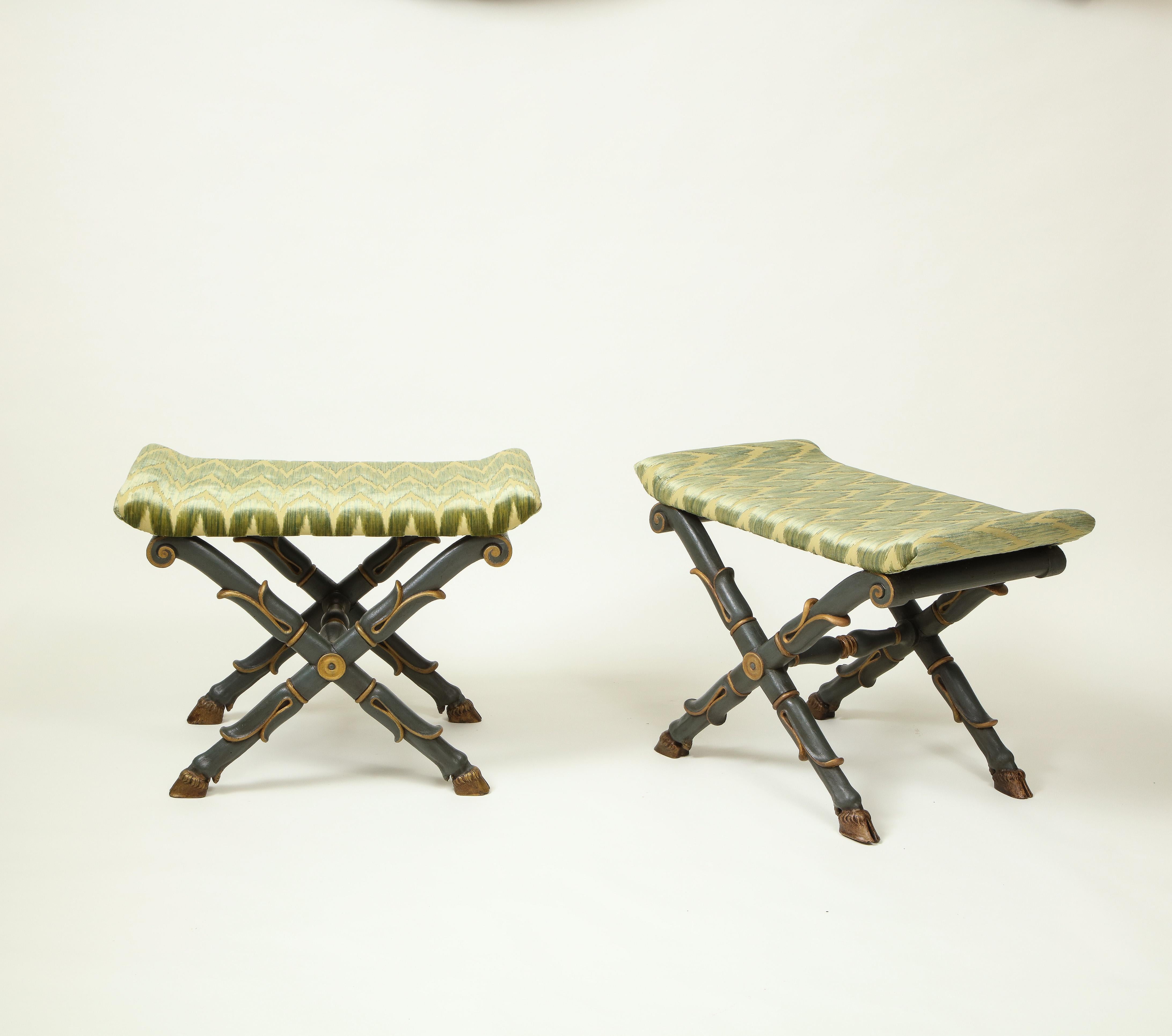 English Pair of William IV Green and Gilt X-Form Benches For Sale