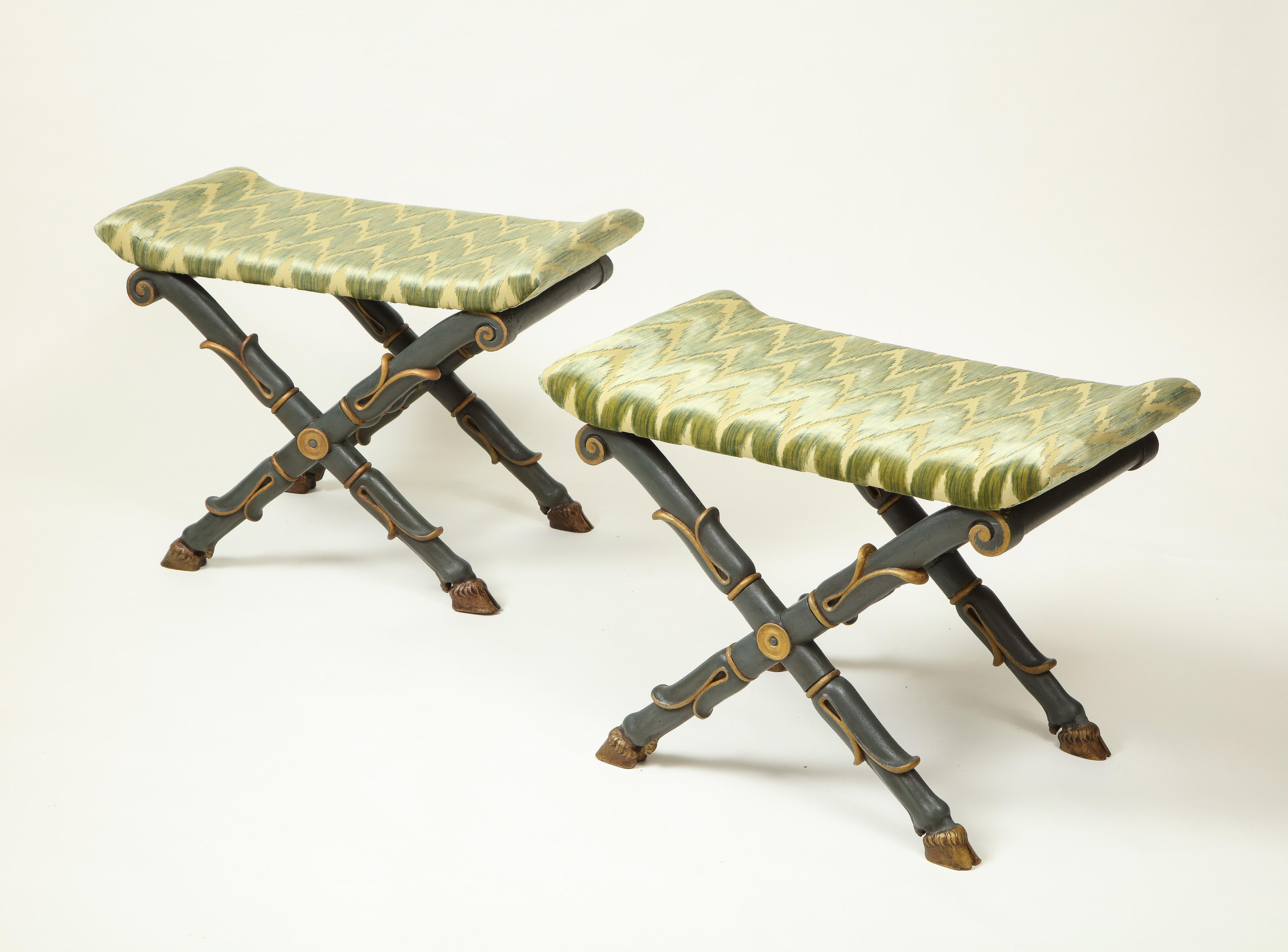 Velvet Pair of William IV Green and Gilt X-Form Benches For Sale