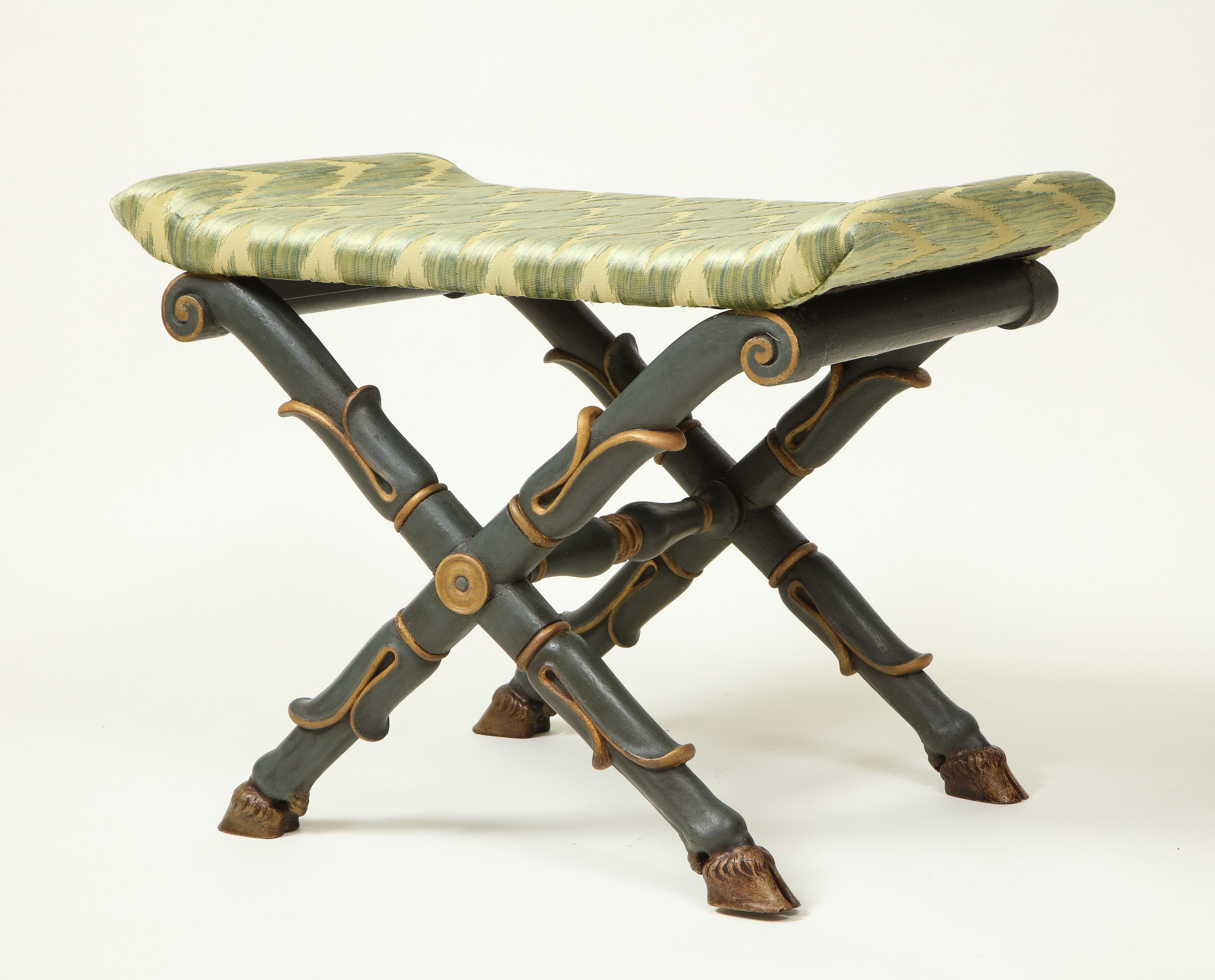 Pair of William IV Green and Gilt X-Form Benches For Sale 1