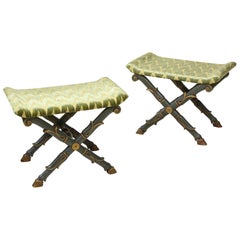 Pair of William IV Green and Gilt X-Form Benches