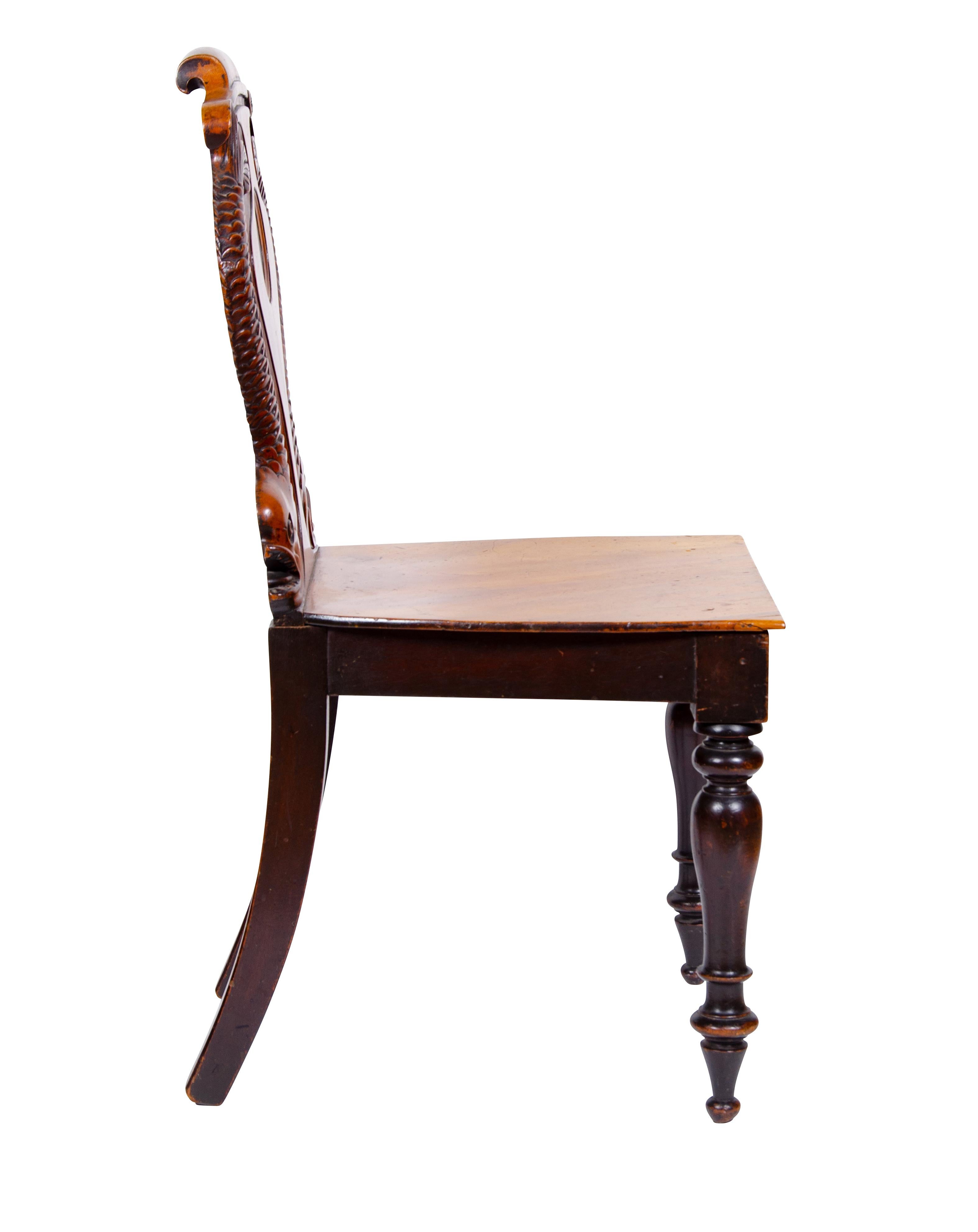 Pair of William IV Mahogany Hall Chairs with Dolphin Carved Backs In Good Condition In Essex, MA
