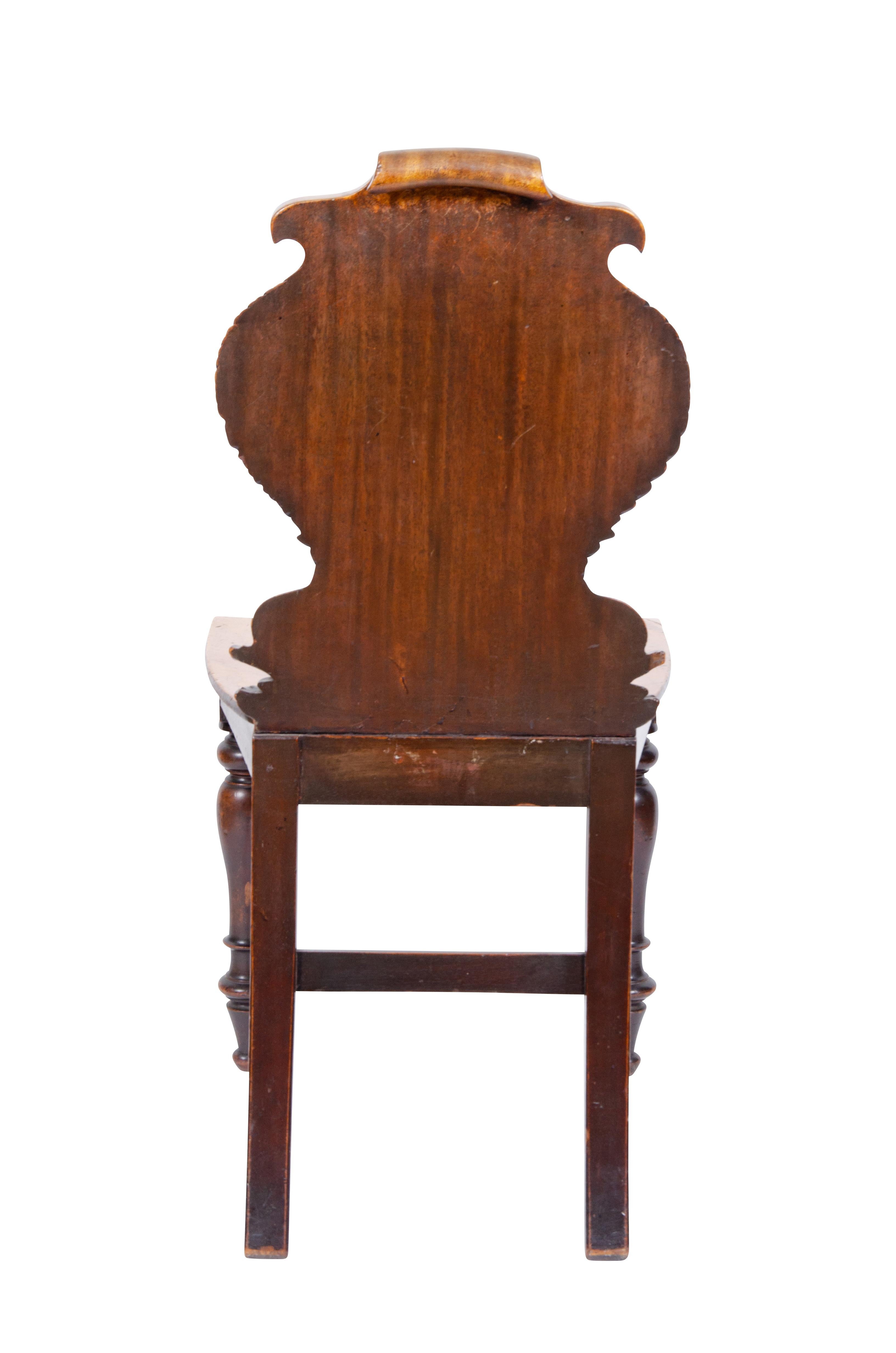 Mid-19th Century Pair of William IV Mahogany Hall Chairs with Dolphin Carved Backs