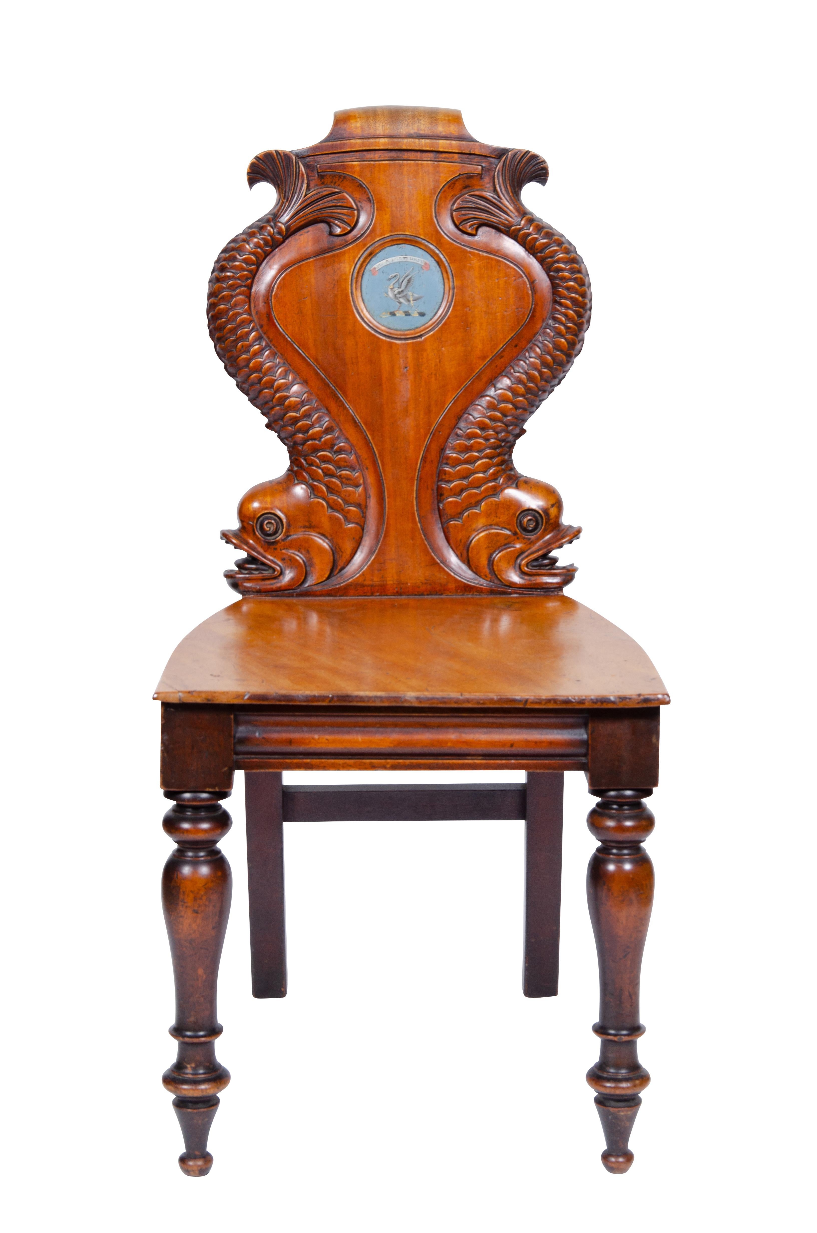Pair of William IV Mahogany Hall Chairs with Dolphin Carved Backs 2